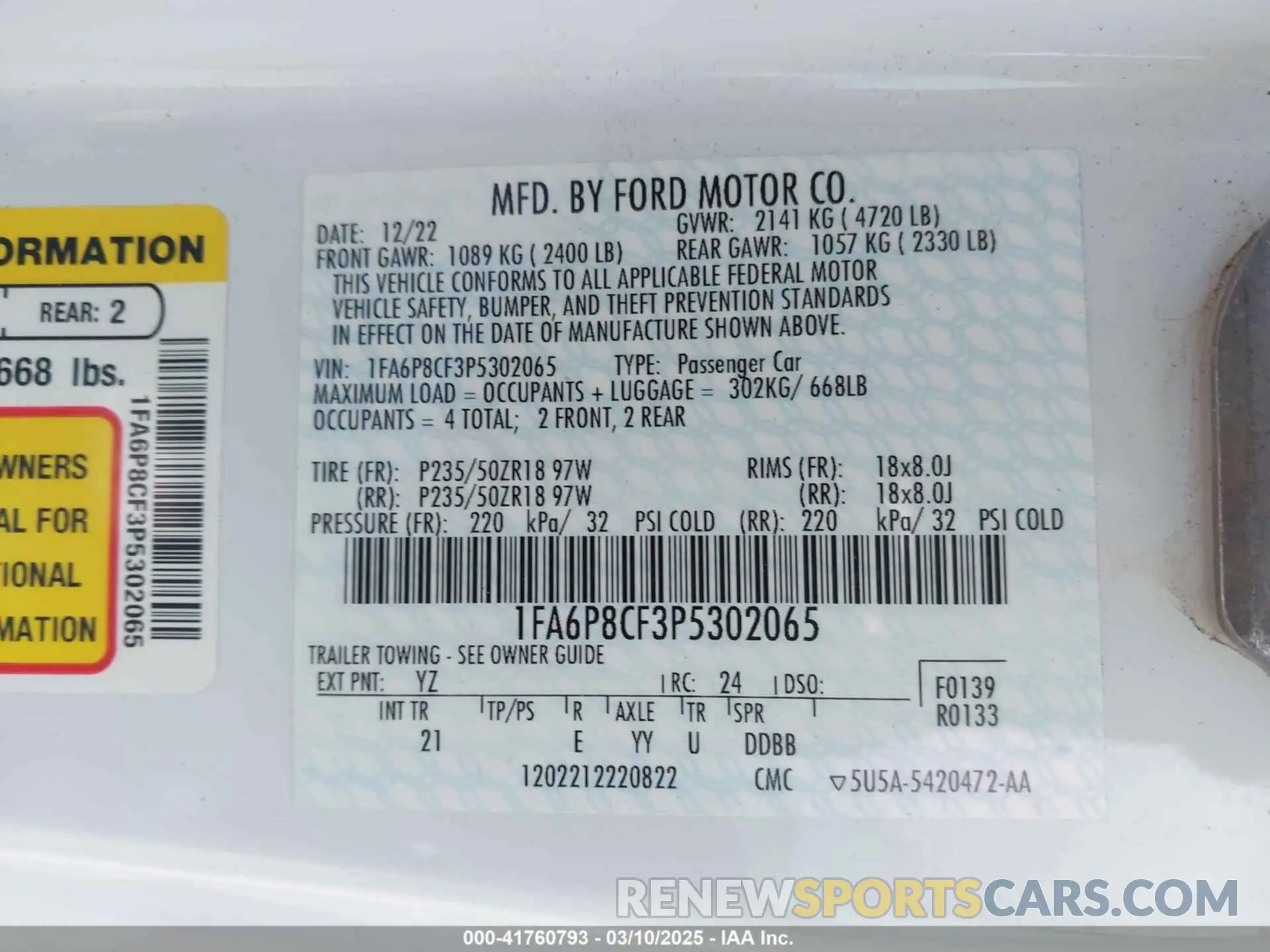 9 Фотография поврежденного автомобиля 1FA6P8CF3P5302065 FORD MUSTANG 2023