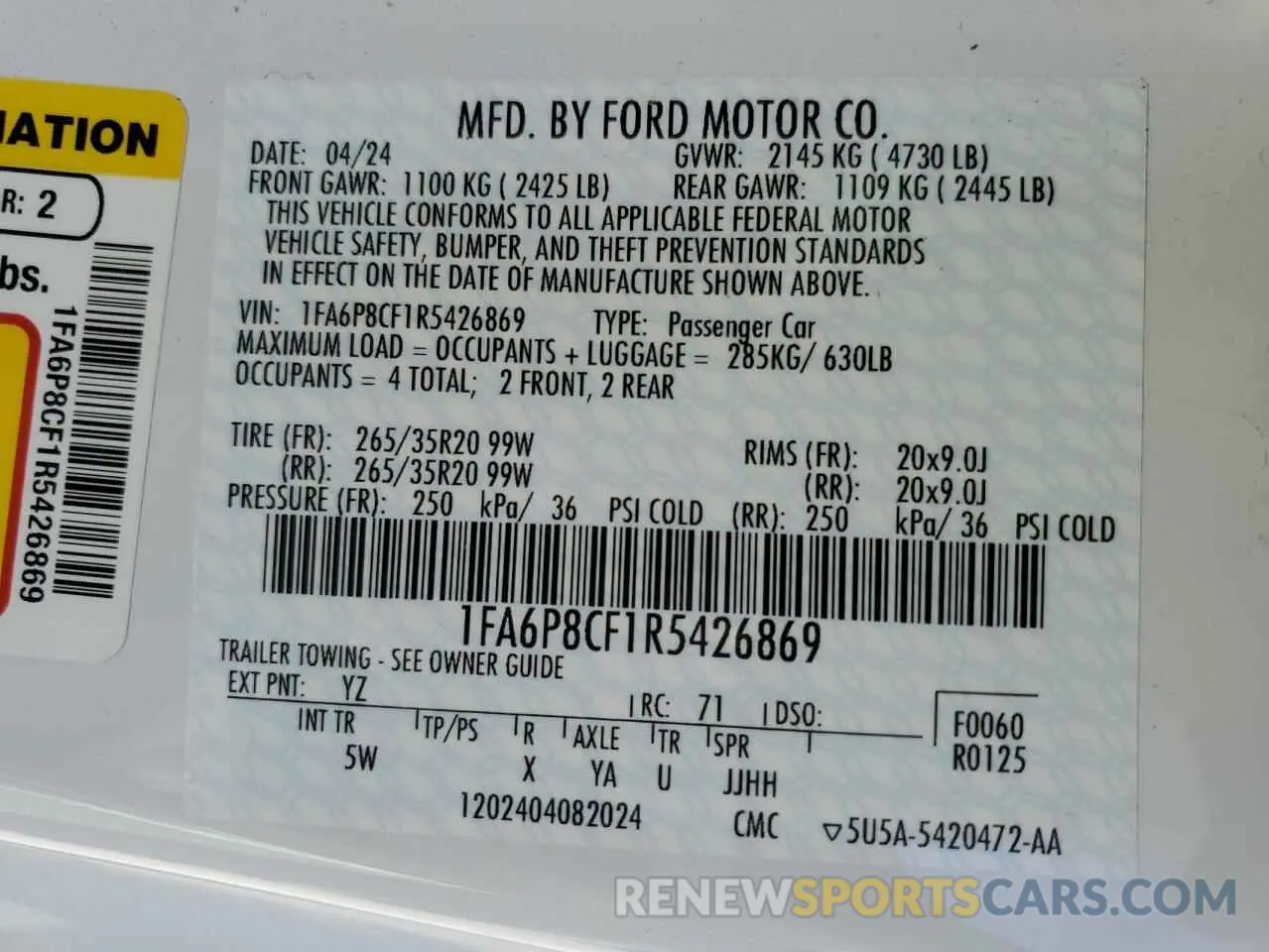 14 Фотография поврежденного автомобиля 1FA6P8CF1R5426869 FORD MUSTANG 2024