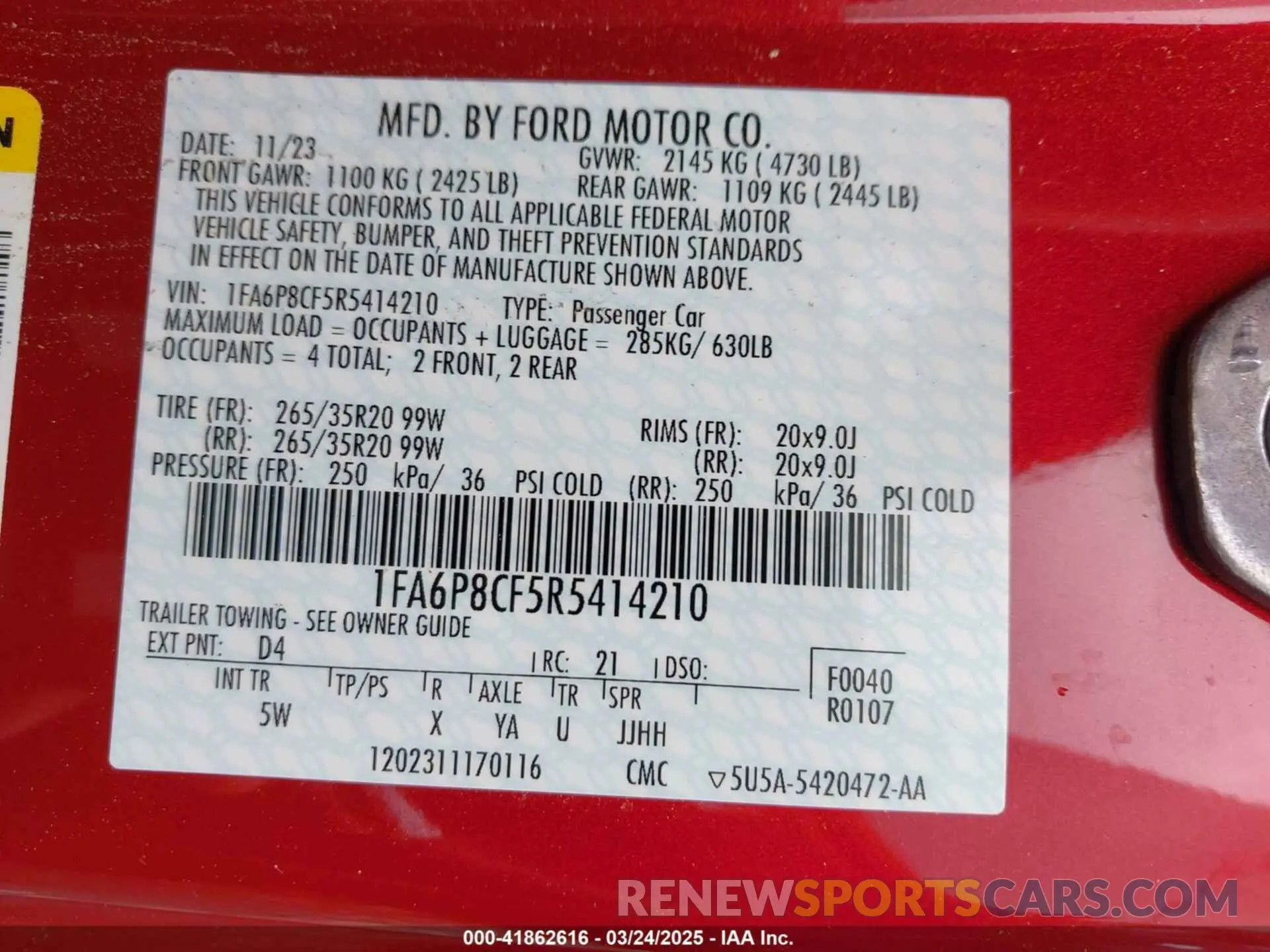 9 Фотография поврежденного автомобиля 1FA6P8CF5R5414210 FORD MUSTANG 2024