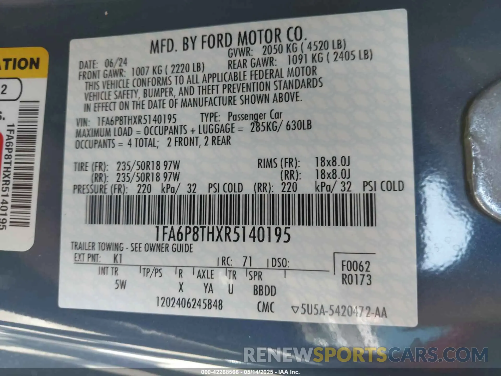 9 Фотография поврежденного автомобиля 1FA6P8THXR5140195 FORD MUSTANG 2024