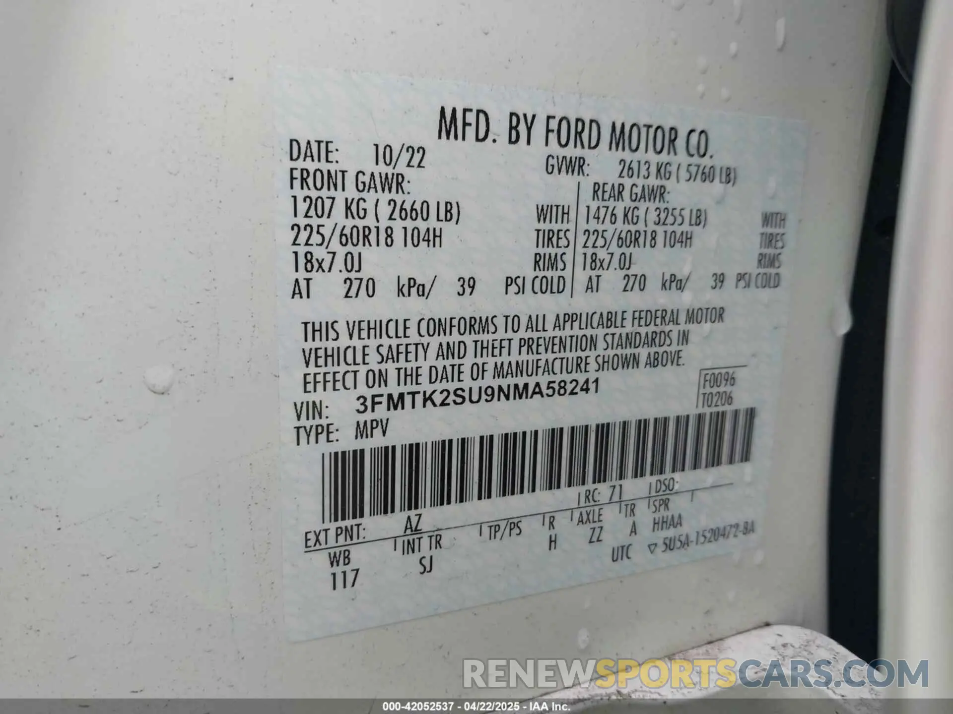 9 Photograph of a damaged car 3FMTK2SU9NMA58241 FORD MUSTANG MACH-E 2022