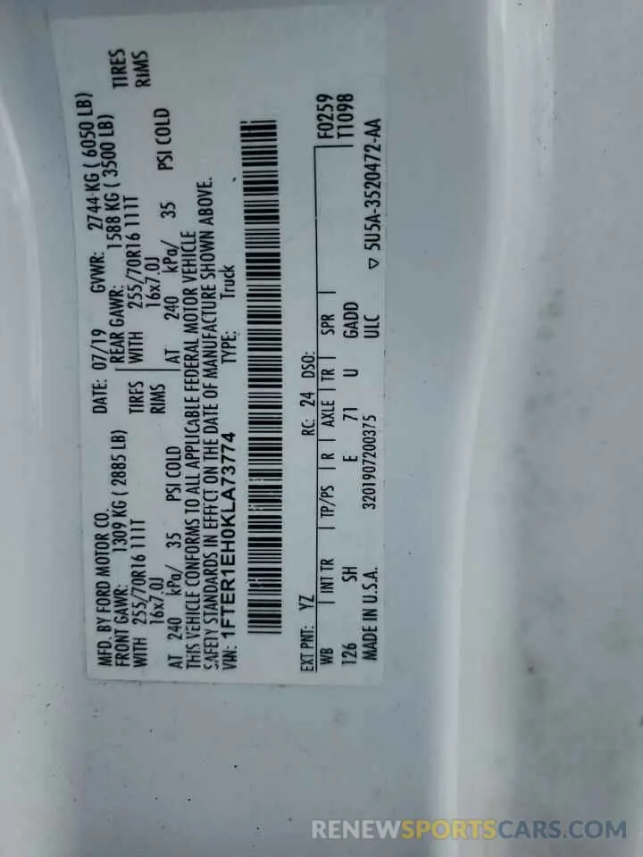 13 Photograph of a damaged car 1FTER1EH0KLA73774 FORD RANGER 2019