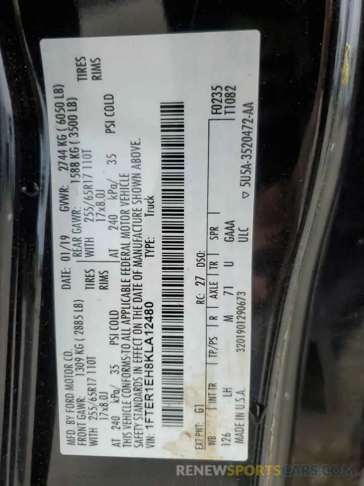 12 Photograph of a damaged car 1FTER1EH8KLA12480 FORD RANGER 2019