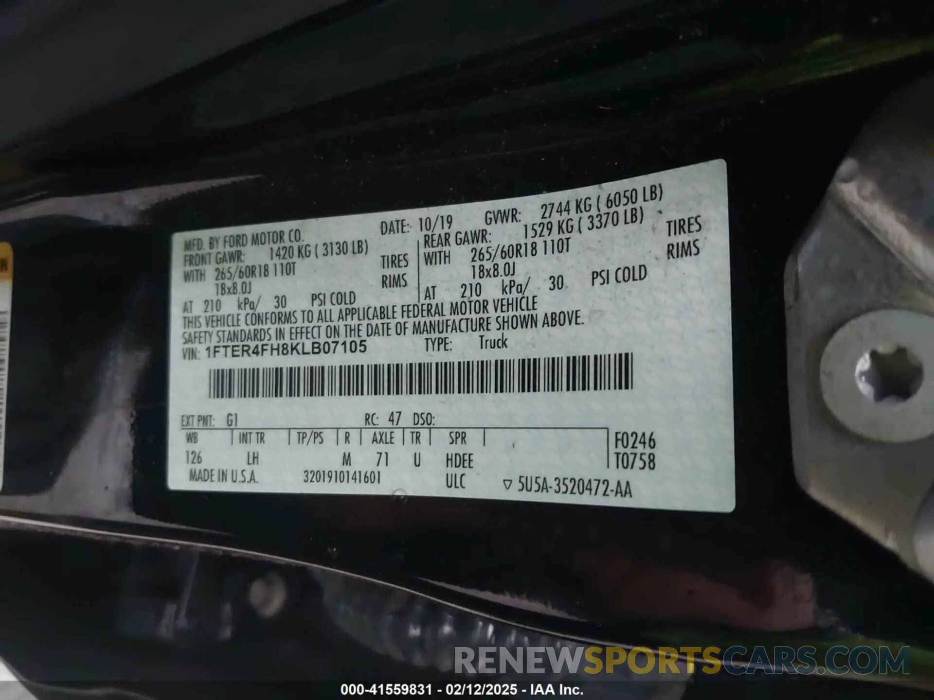 9 Фотография поврежденного автомобиля 1FTER4FH8KLB07105 FORD RANGER 2019