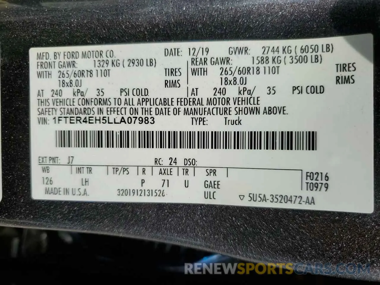 12 Фотография поврежденного автомобиля 1FTER4EH5LLA07983 FORD RANGER 2020