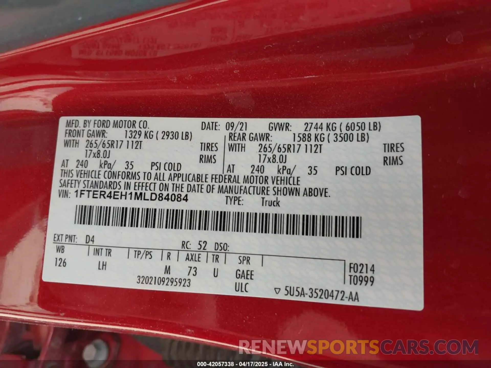 9 Фотография поврежденного автомобиля 1FTER4EH1MLD84084 FORD RANGER 2021