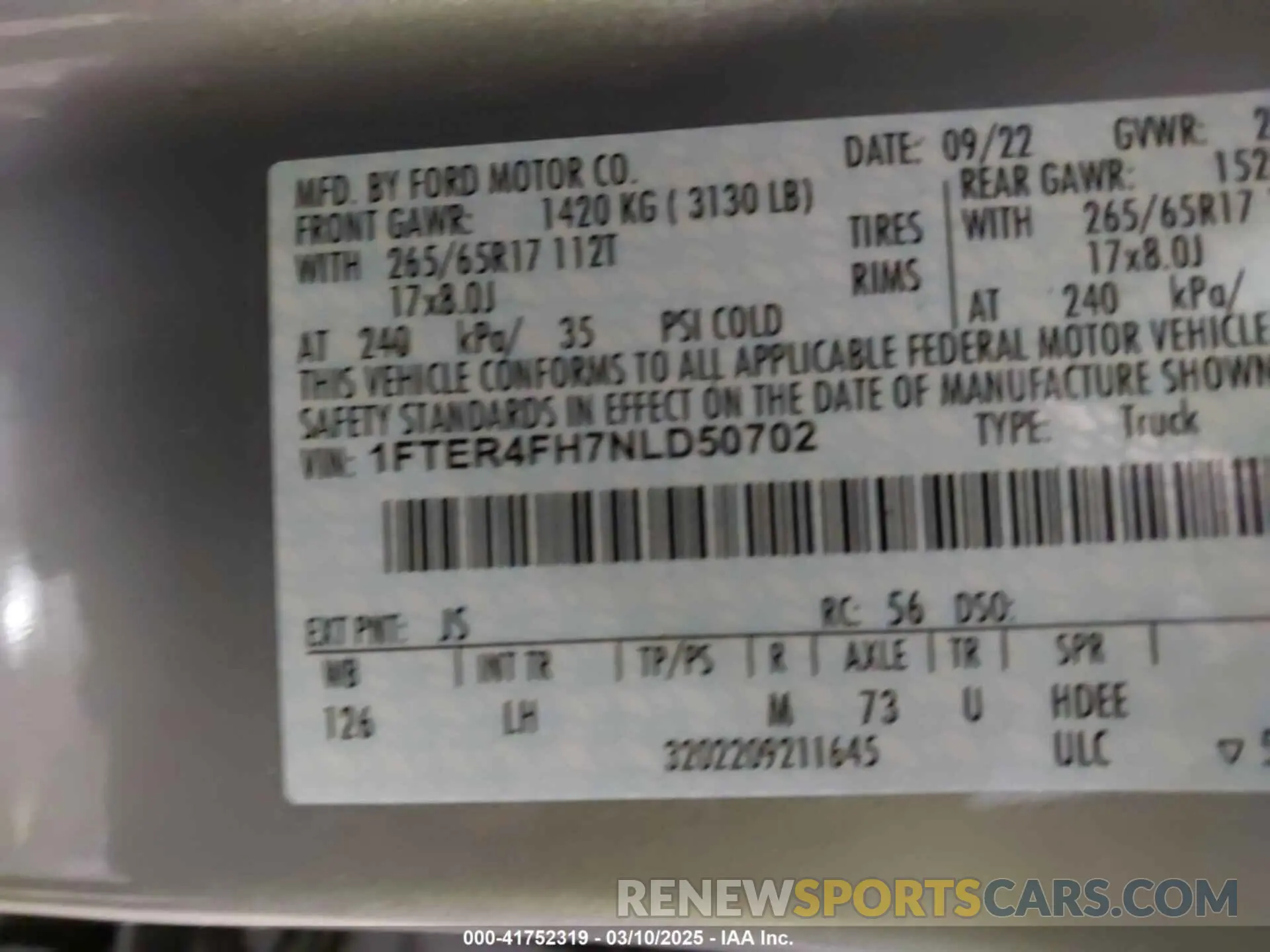 9 Фотография поврежденного автомобиля 1FTER4FH7NLD50702 FORD RANGER 2022