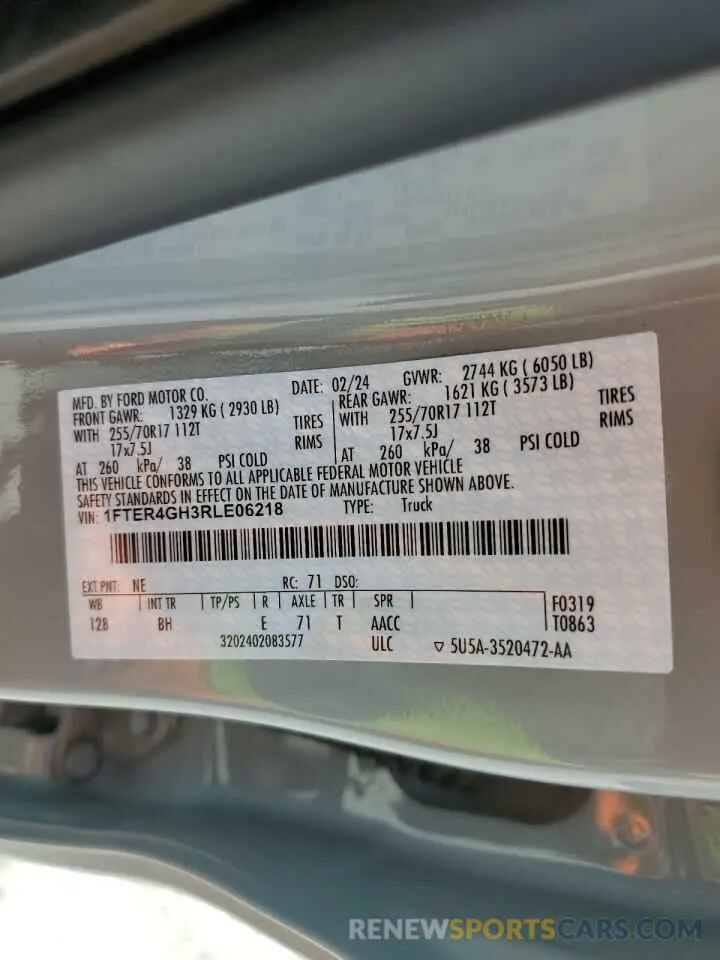 12 Фотография поврежденного автомобиля 1FTER4GH3RLE06218 FORD RANGER 2024
