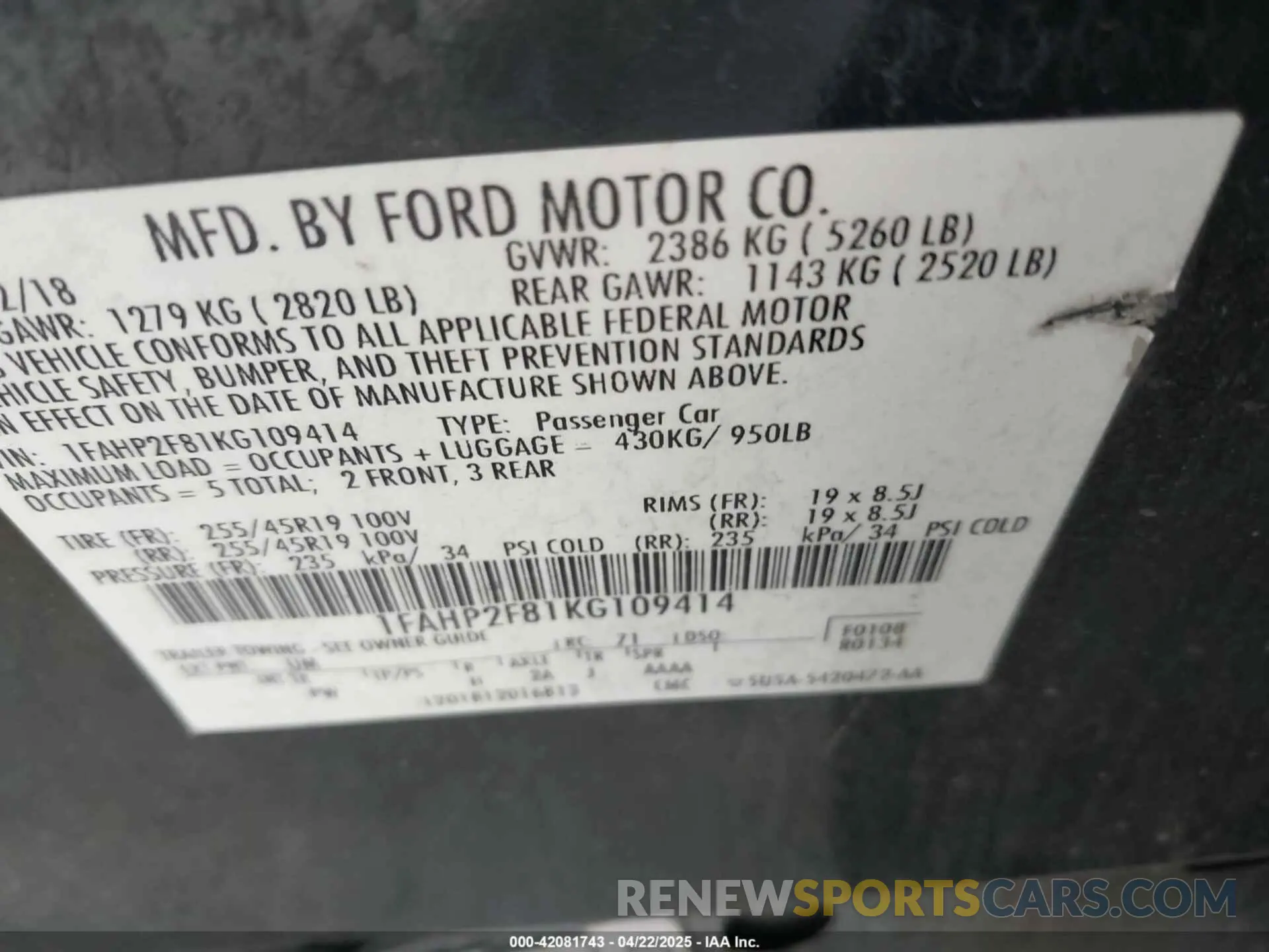 9 Photograph of a damaged car 1FAHP2F81KG109414 FORD TAURUS 2019
