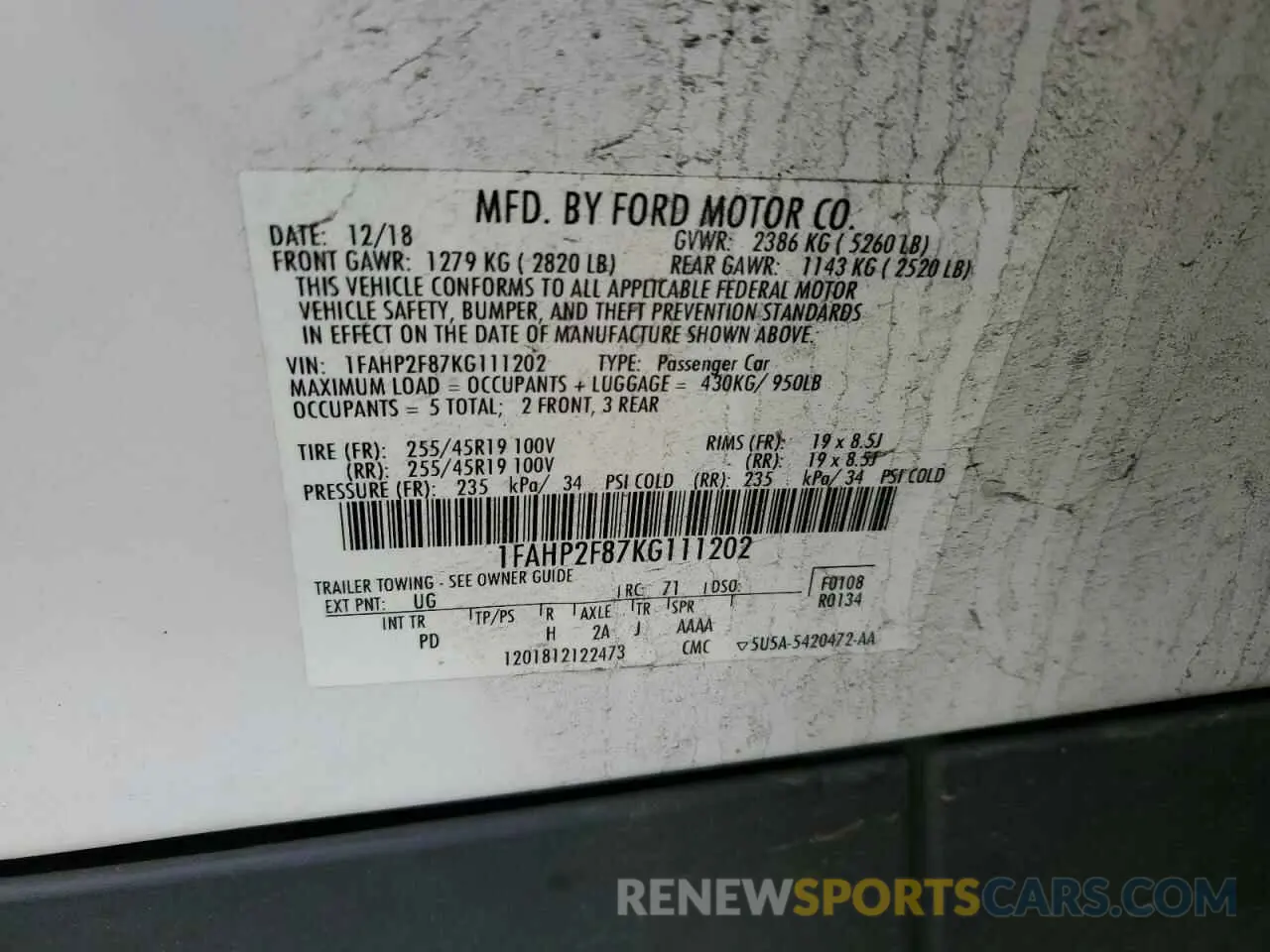 12 Photograph of a damaged car 1FAHP2F87KG111202 FORD TAURUS 2019