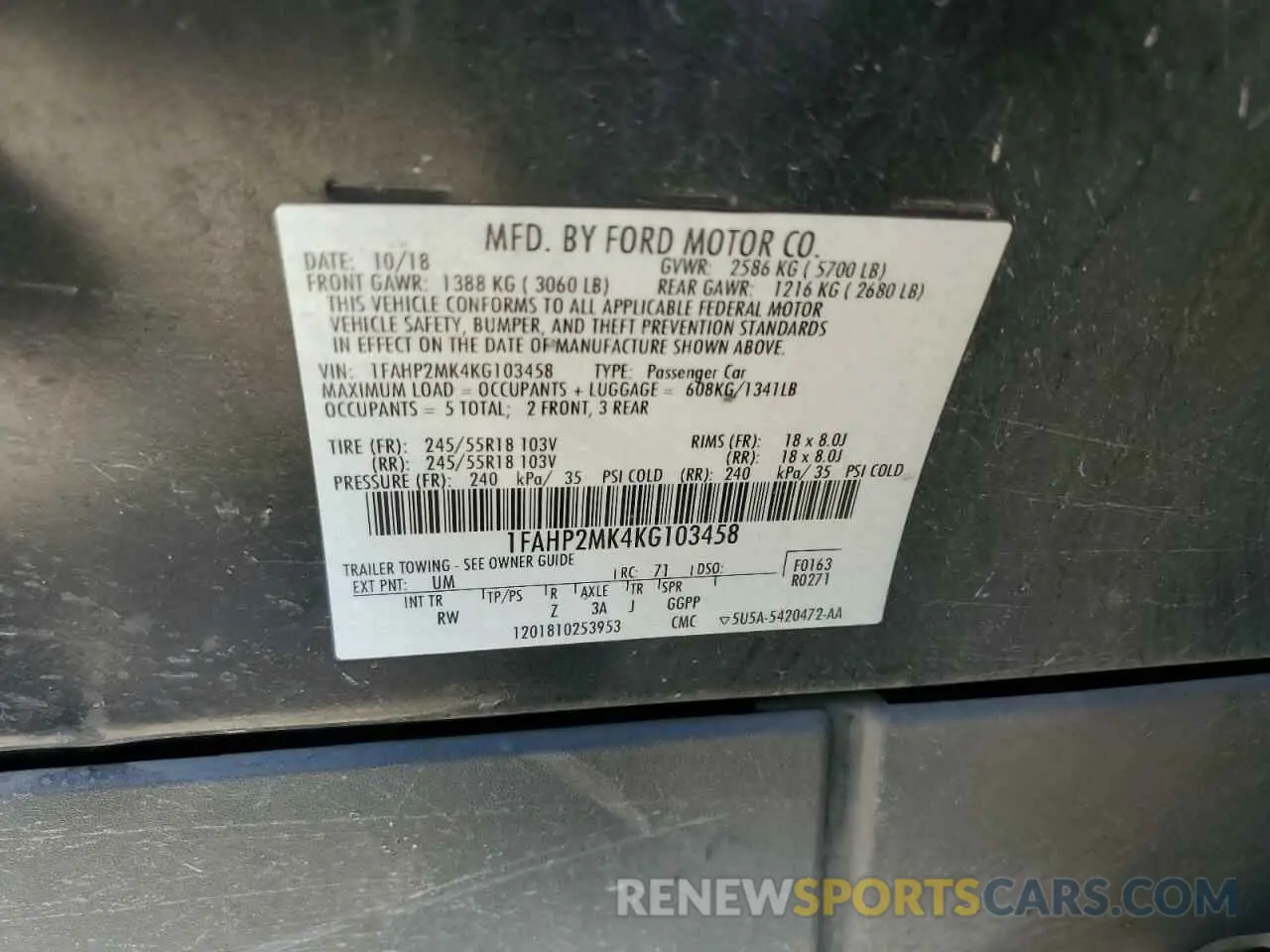 12 Photograph of a damaged car 1FAHP2MK4KG103458 FORD TAURUS 2019