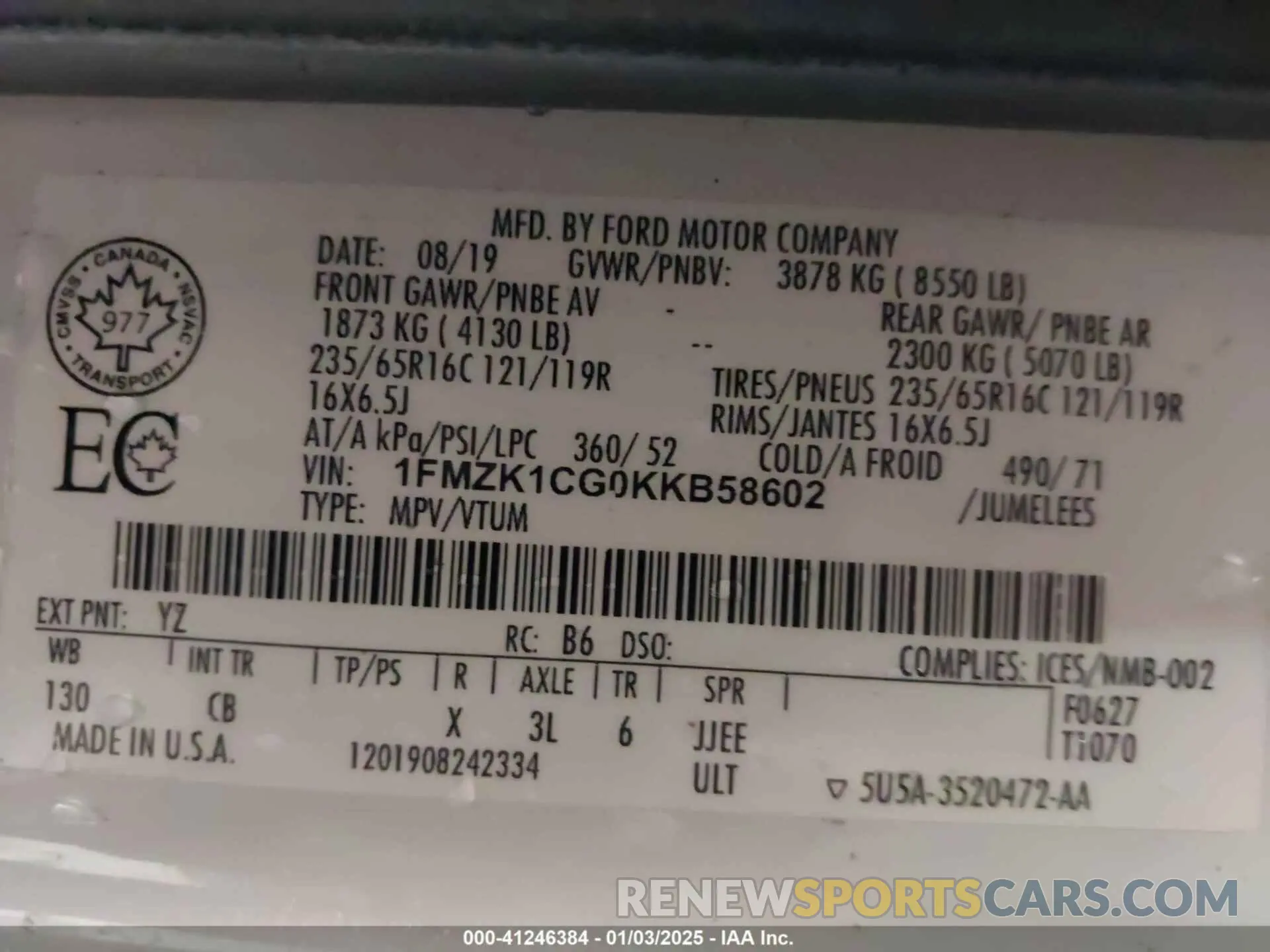 9 Фотография поврежденного автомобиля 1FMZK1CG0KKB58602 FORD TRANSIT-150 2019