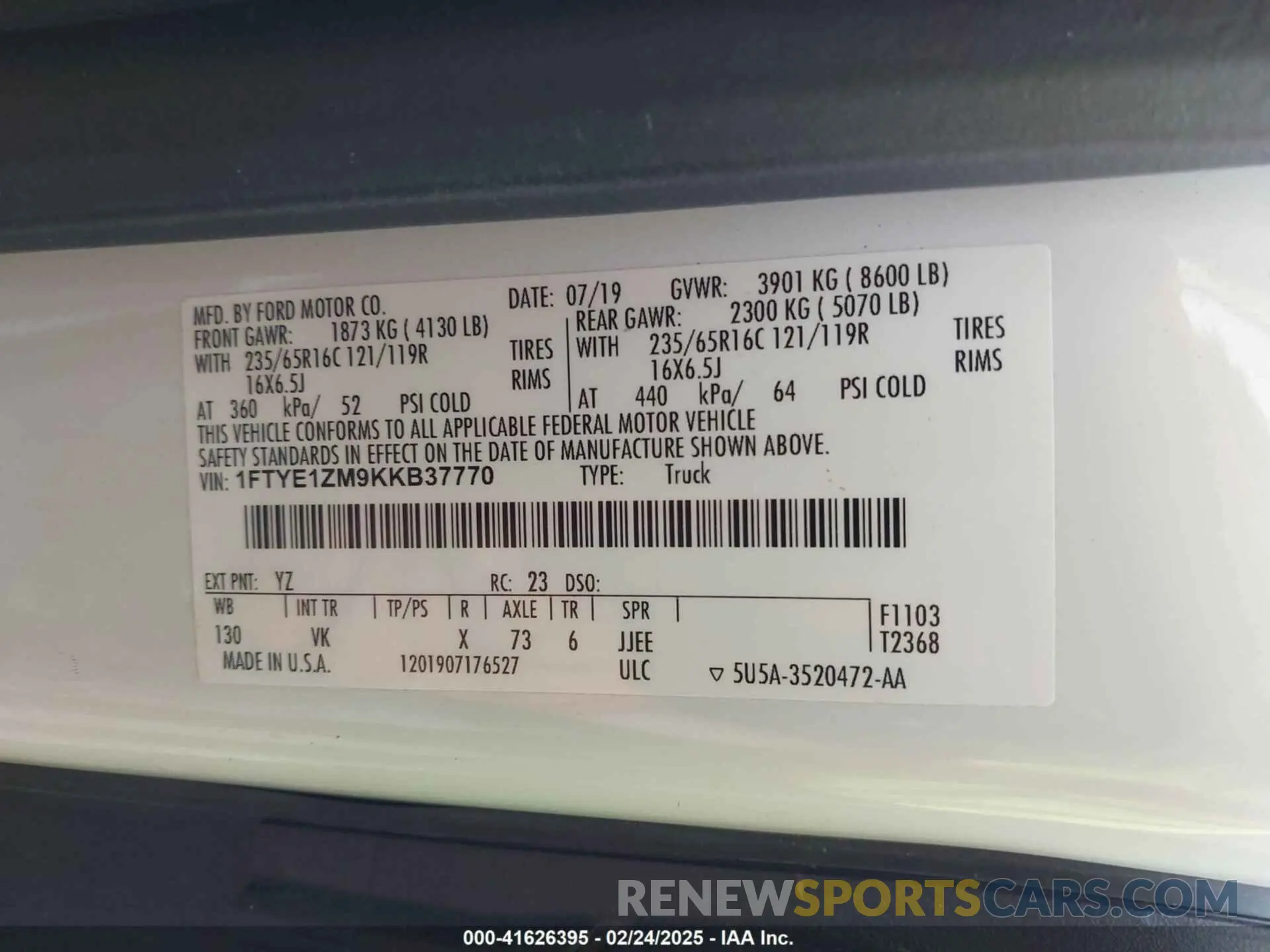 9 Фотография поврежденного автомобиля 1FTYE1ZM9KKB37770 FORD TRANSIT-150 2019