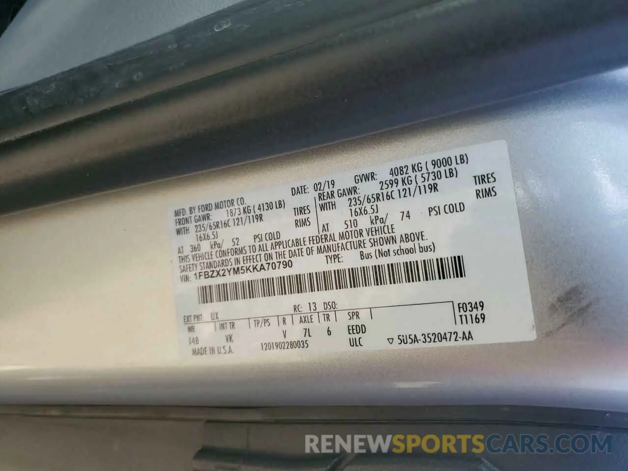 13 Photograph of a damaged car 1FBZX2YM5KKA70790 FORD TRANSIT 2019