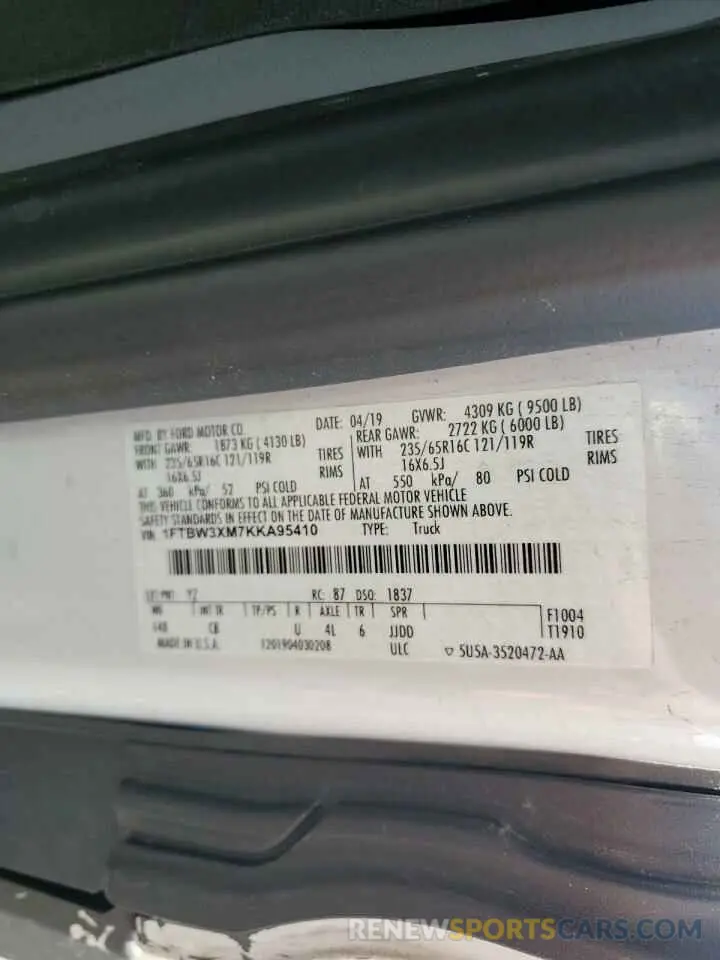 13 Фотография поврежденного автомобиля 1FTBW3XM7KKA95410 FORD TRANSIT 2019