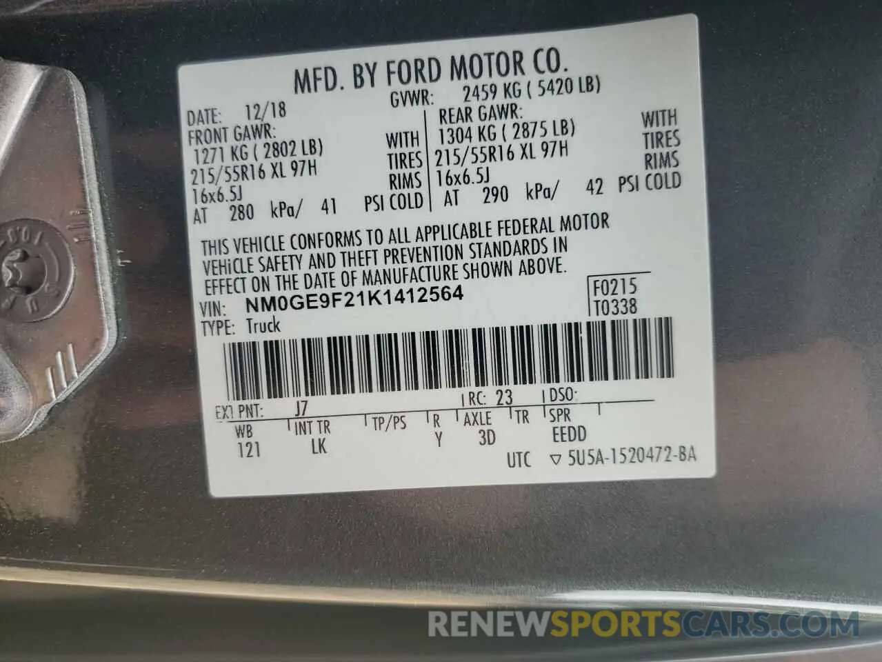 15 Photograph of a damaged car NM0GE9F21K1412564 FORD TRANSIT 2019
