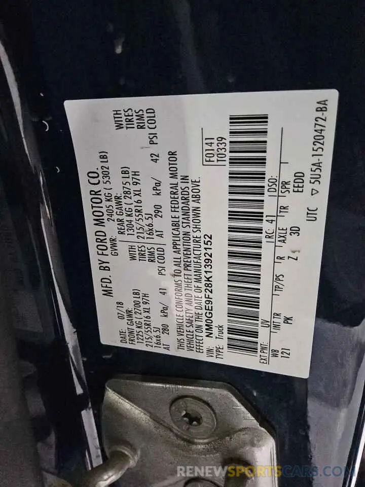 13 Photograph of a damaged car NM0GE9F28K1392152 FORD TRANSIT 2019