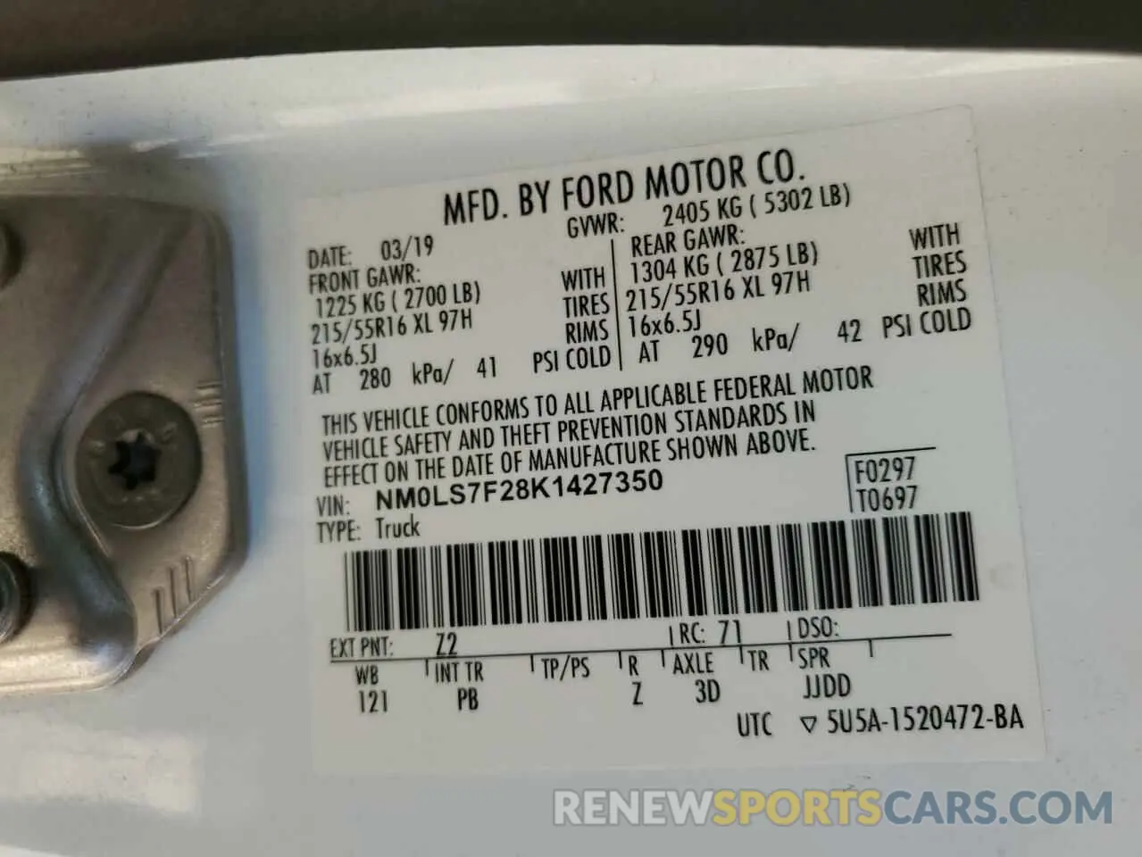 13 Photograph of a damaged car NM0LS7F28K1427350 FORD TRANSIT 2019