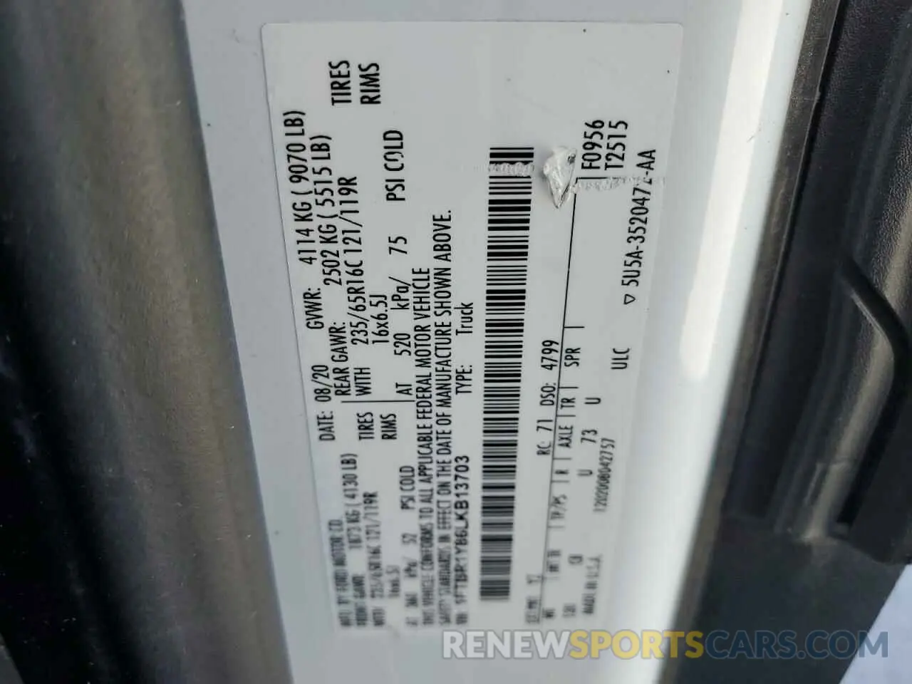 13 Фотография поврежденного автомобиля 1FTBR1Y86LKB13703 FORD TRANSIT 2020