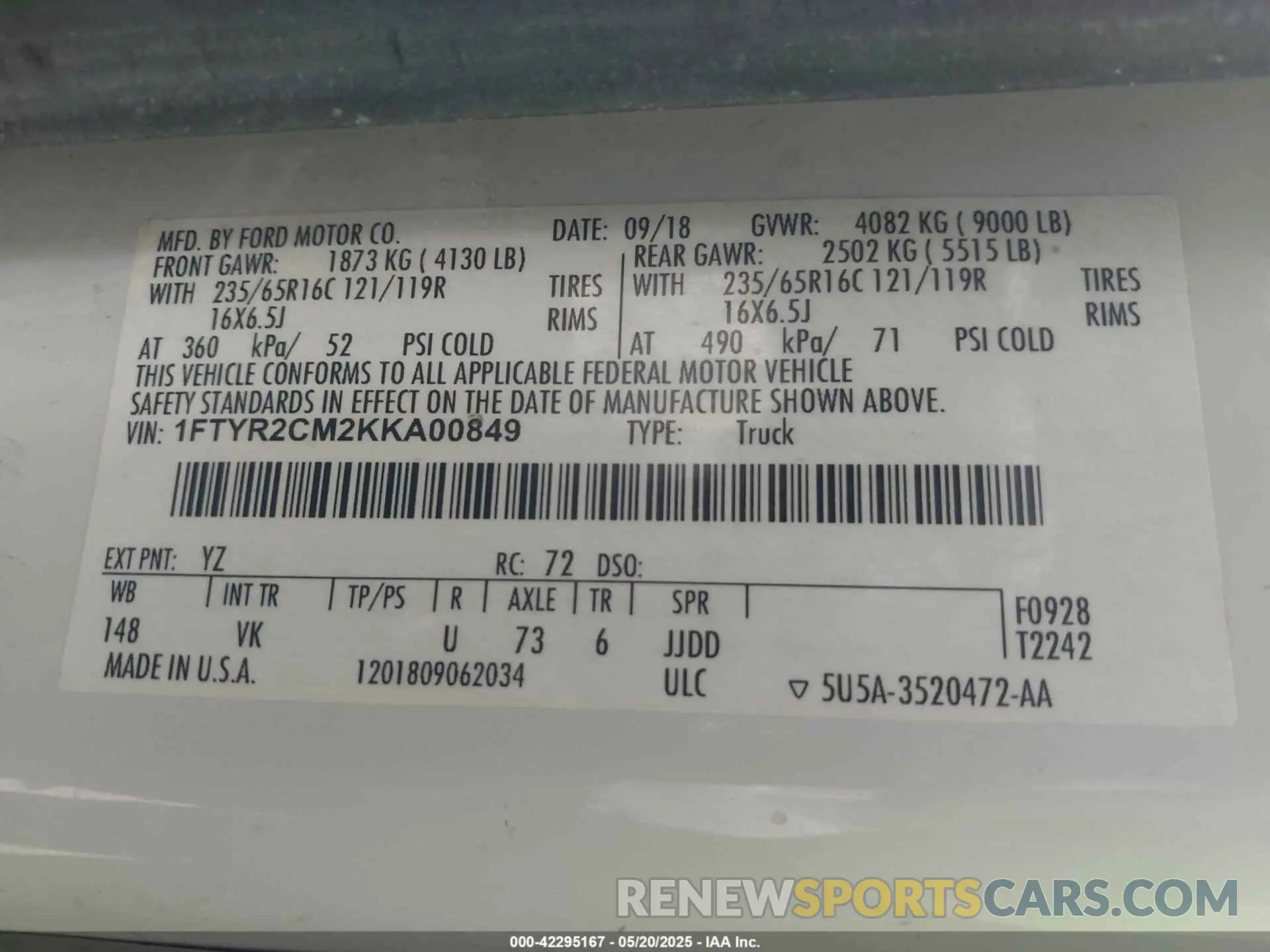 8 Фотография поврежденного автомобиля 1FTYR2CM2KKA00849 FORD TRANSIT-250 2019
