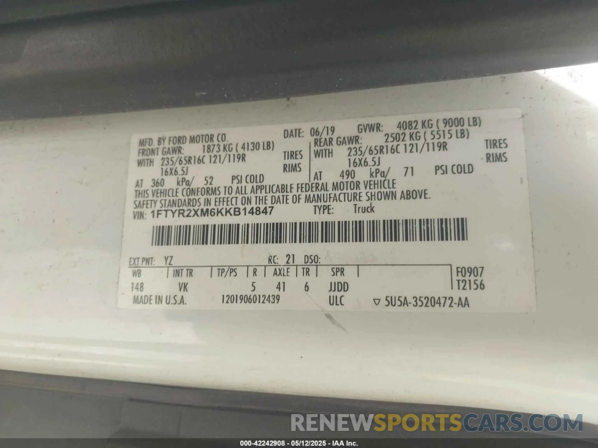 9 Фотография поврежденного автомобиля 1FTYR2XM6KKB14847 FORD TRANSIT-250 2019