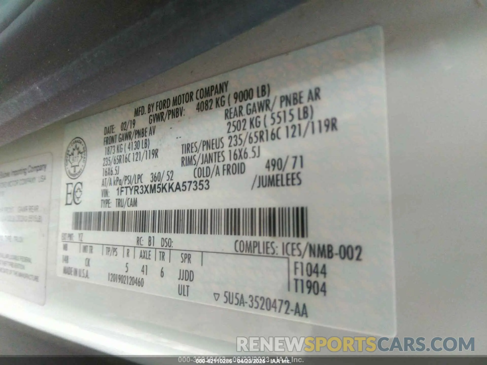 9 Фотография поврежденного автомобиля 1FTYR3XM5KKA57353 FORD TRANSIT-250 2019