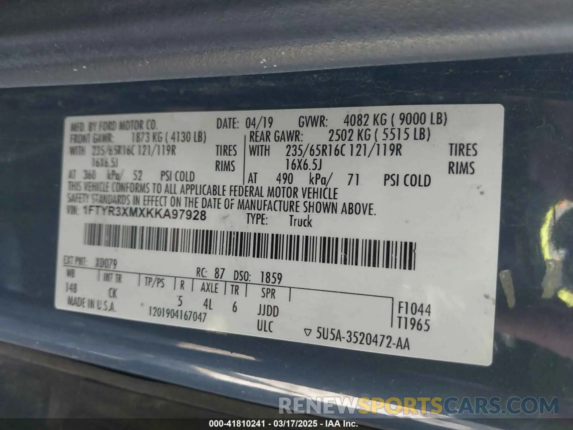 9 Фотография поврежденного автомобиля 1FTYR3XMXKKA97928 FORD TRANSIT-250 2019