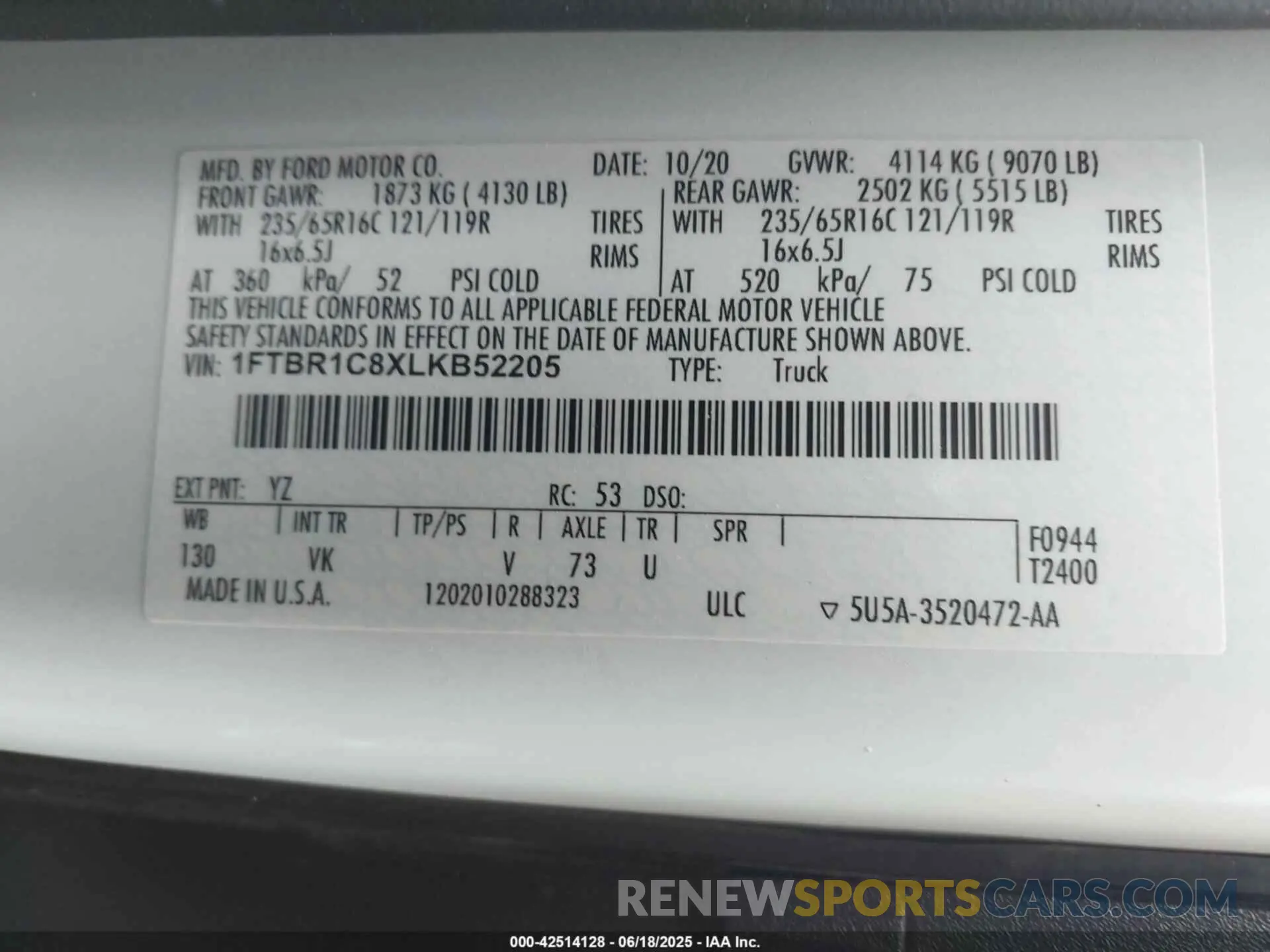 9 Фотография поврежденного автомобиля 1FTBR1C8XLKB52205 FORD TRANSIT-250 2020
