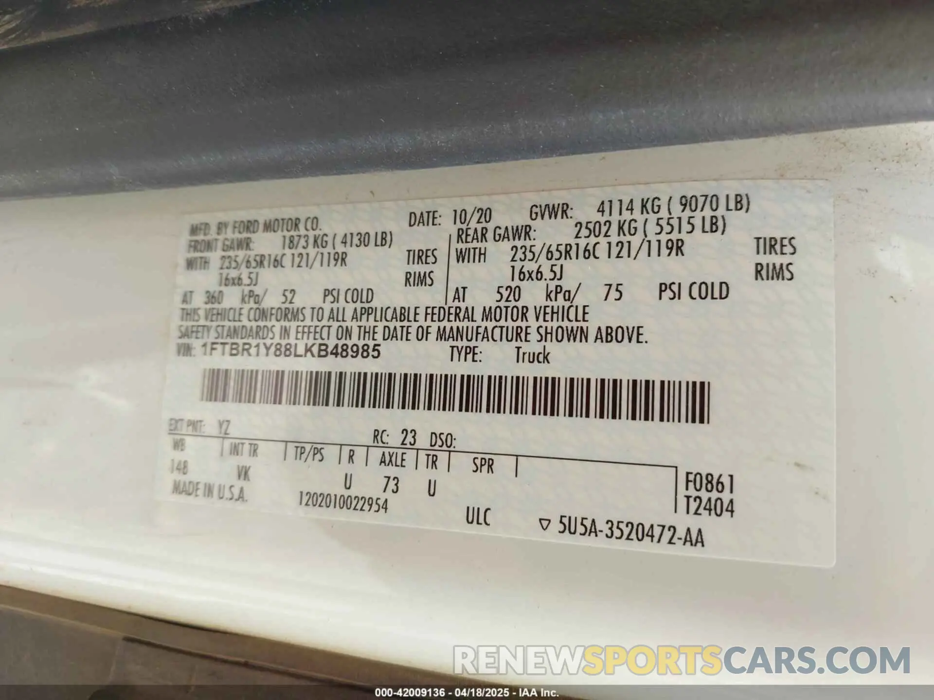 9 Фотография поврежденного автомобиля 1FTBR1Y88LKB48985 FORD TRANSIT-250 2020