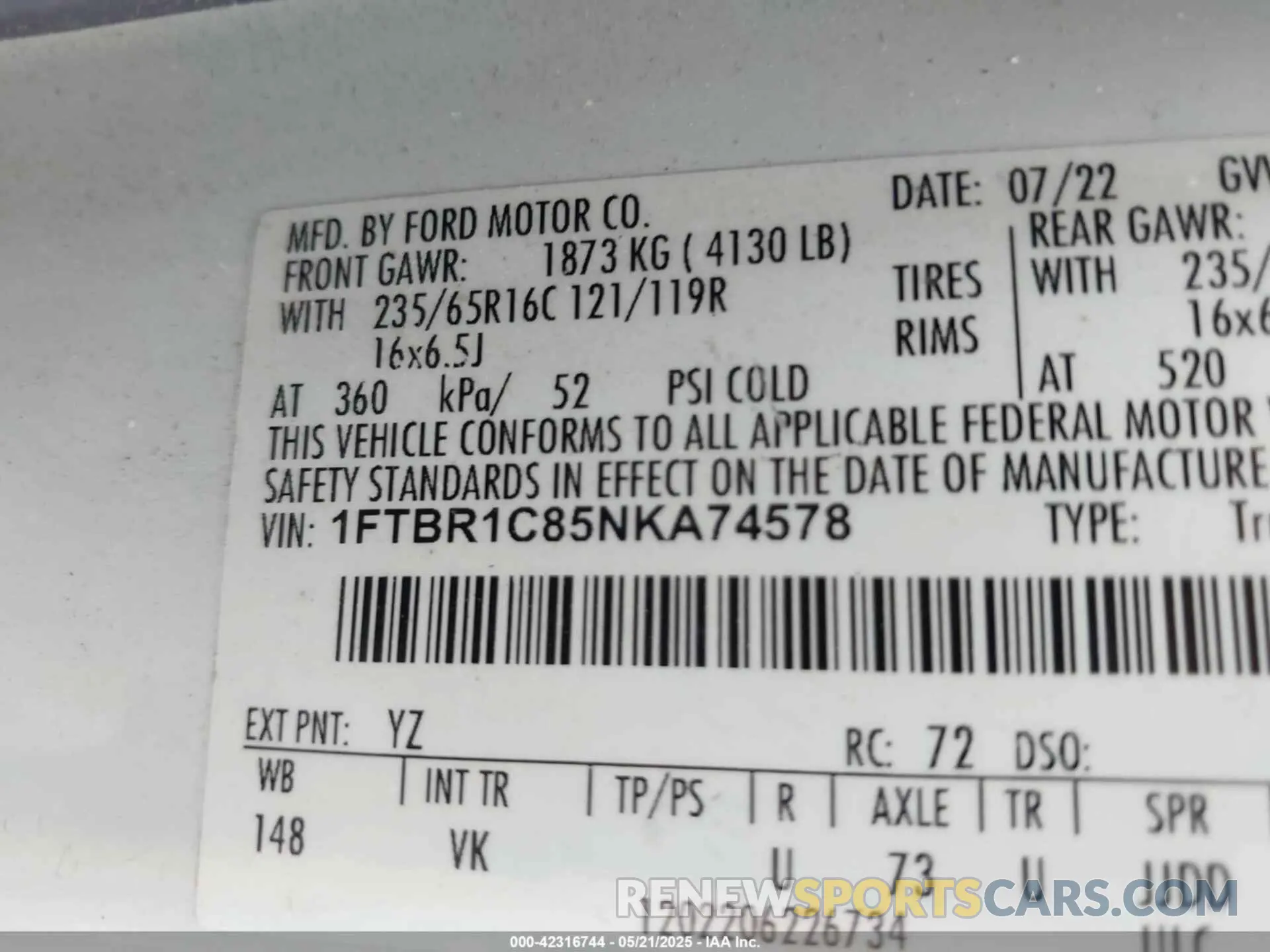 9 Фотография поврежденного автомобиля 1FTBR1C85NKA74578 FORD TRANSIT-250 2022
