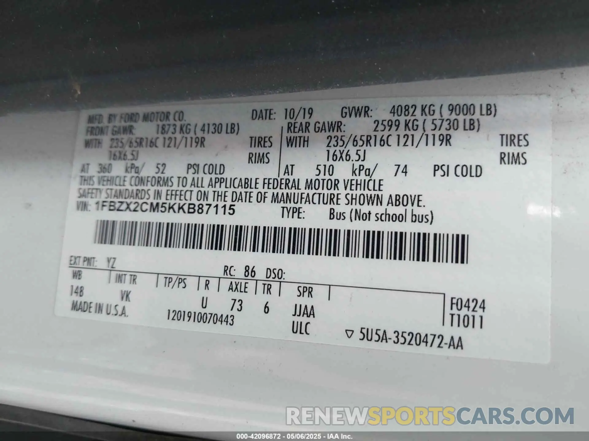 9 Photograph of a damaged car 1FBZX2CM5KKB87115 FORD TRANSIT-350 2019