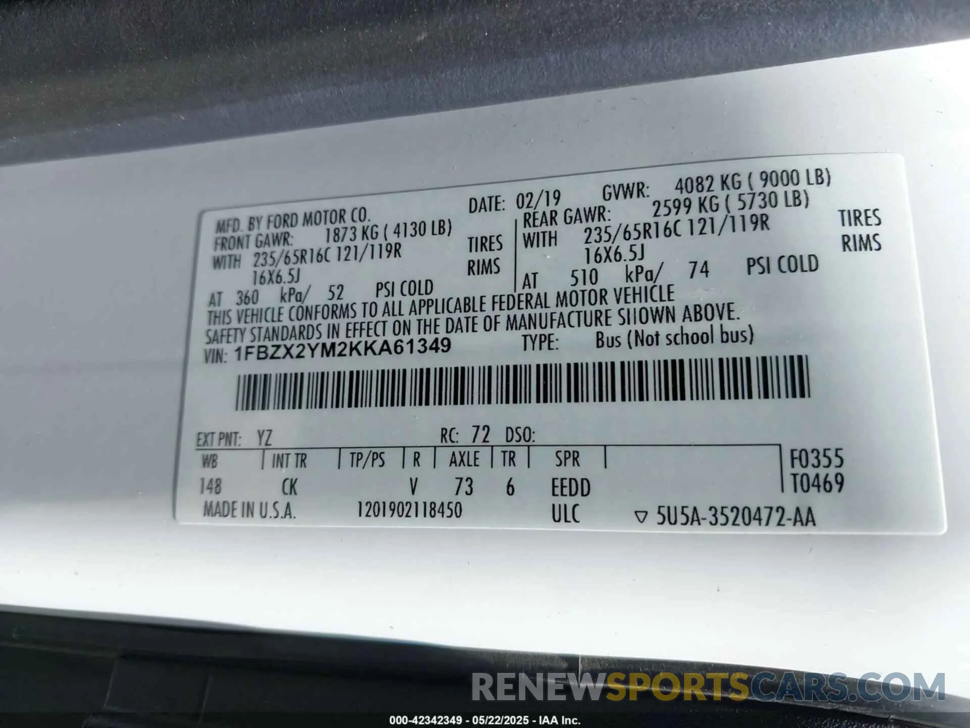 9 Фотография поврежденного автомобиля 1FBZX2YM2KKA61349 FORD TRANSIT-350 2019