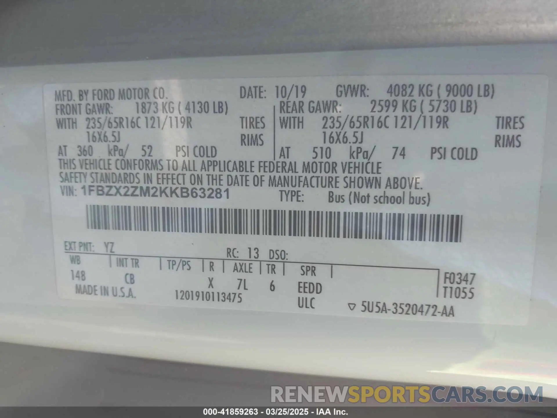 9 Photograph of a damaged car 1FBZX2ZM2KKB63281 FORD TRANSIT-350 2019