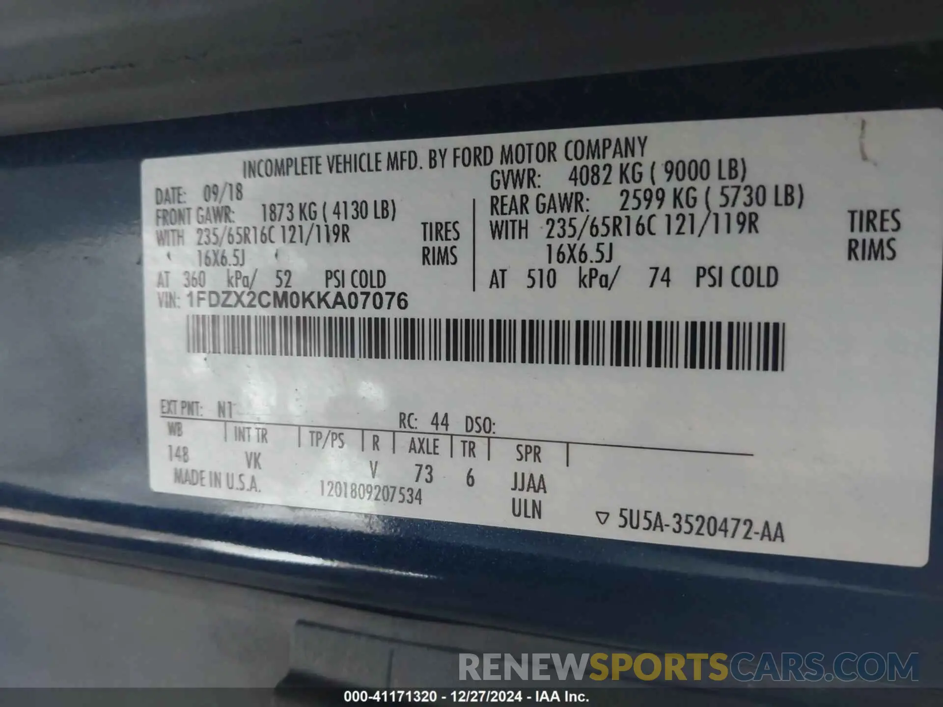 9 Фотография поврежденного автомобиля 1FDZX2CM0KKA07076 FORD TRANSIT-350 2019