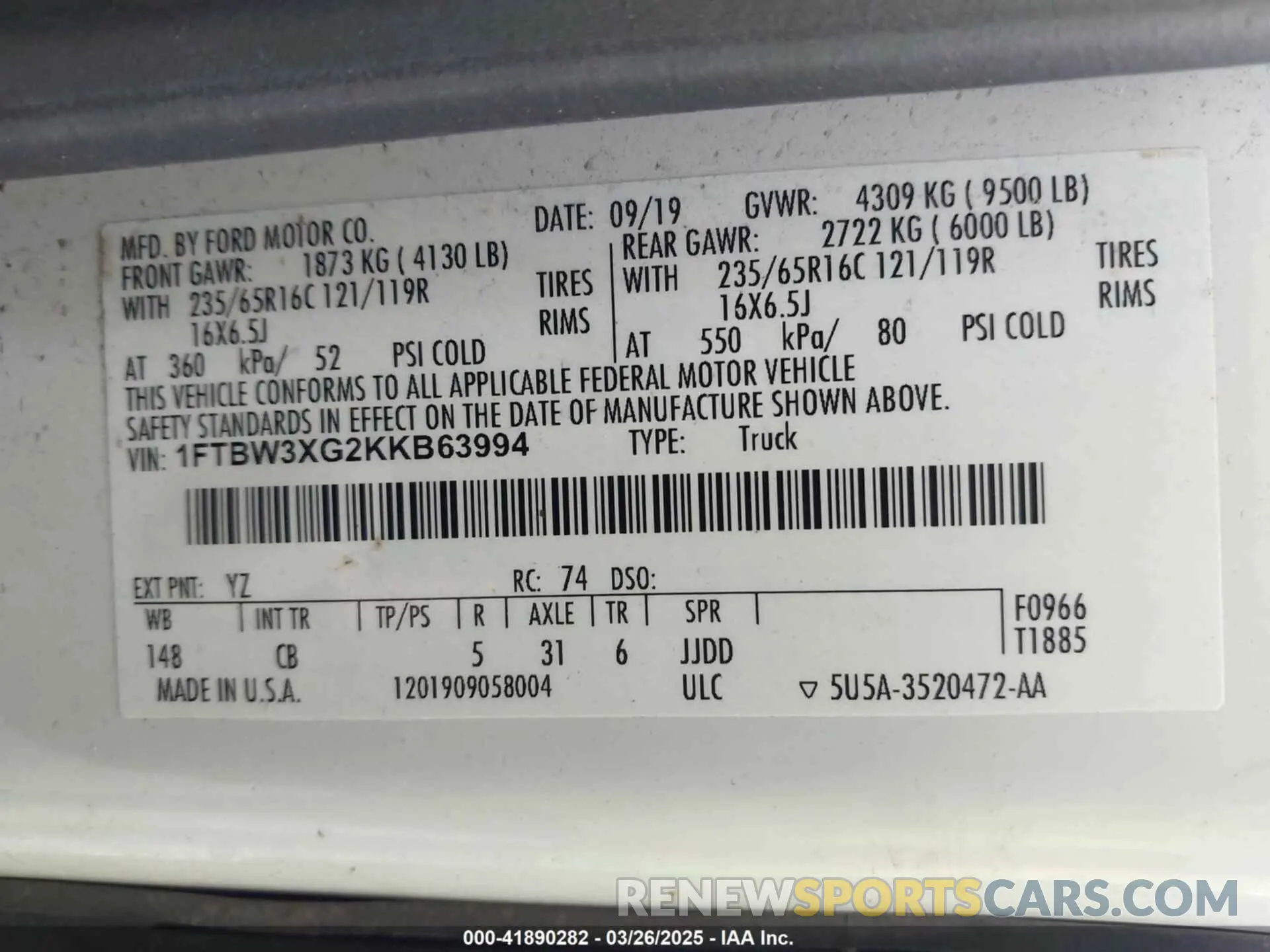 9 Photograph of a damaged car 1FTBW3XG2KKB63994 FORD TRANSIT-350 2019