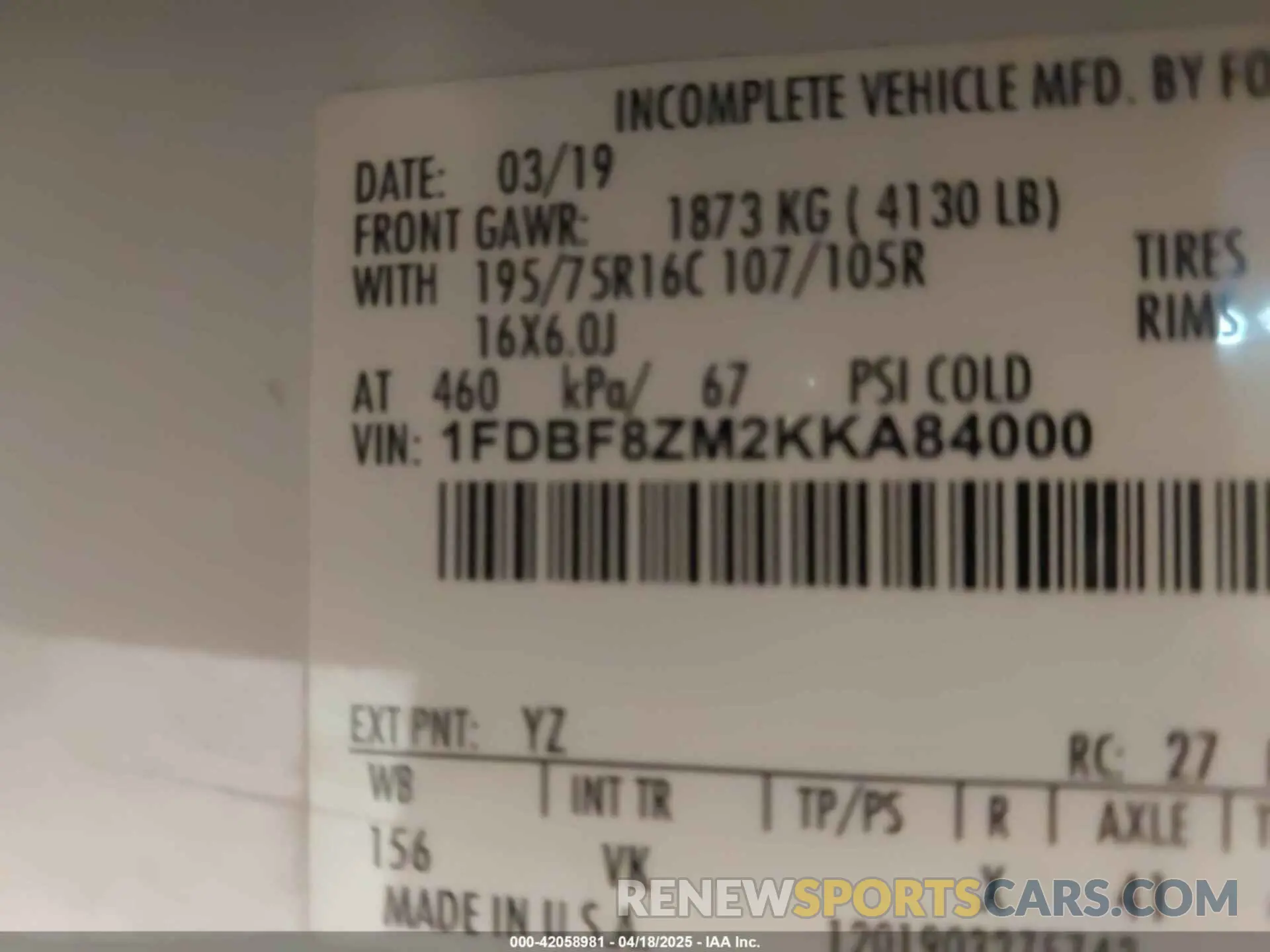 9 Фотография поврежденного автомобиля 1FDBF8ZM2KKA84000 FORD TRANSIT-350 CAB 2019