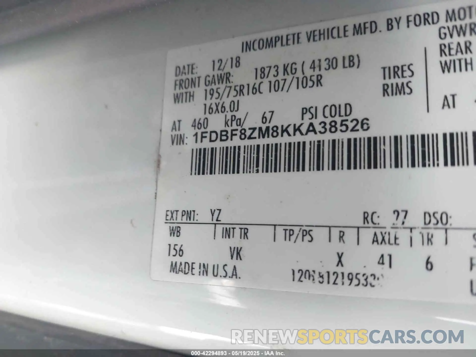 9 Фотография поврежденного автомобиля 1FDBF8ZM8KKA38526 FORD TRANSIT-350 CAB 2019
