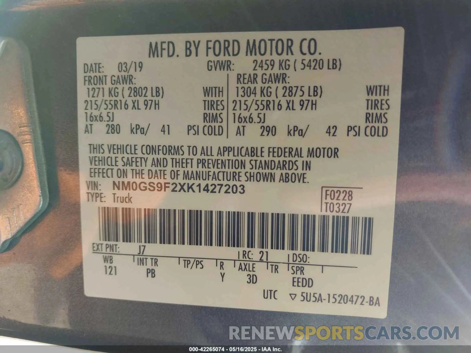 9 Фотография поврежденного автомобиля NM0GS9F2XK1427203 FORD TRANSIT CONNECT 2019