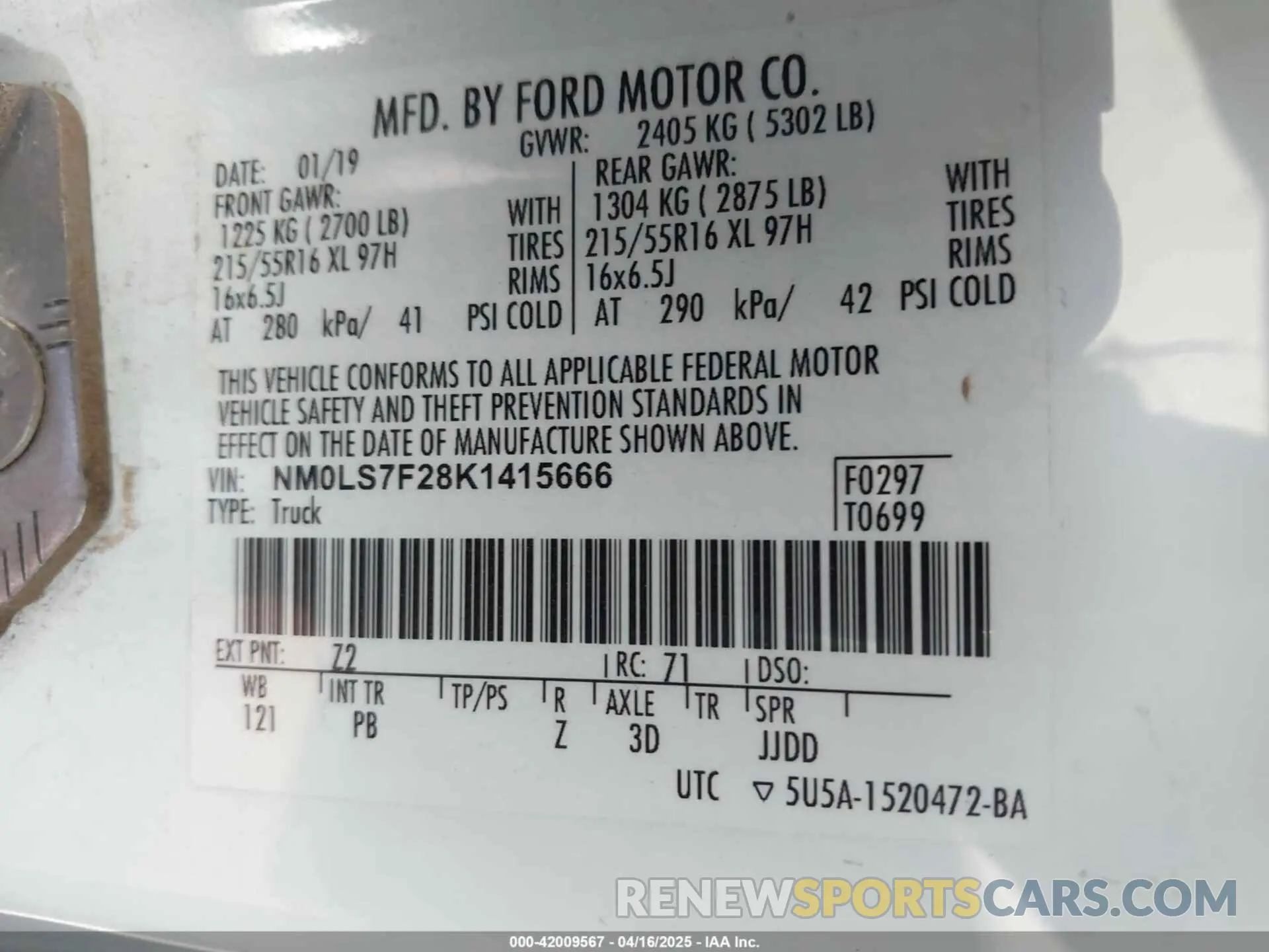 9 Фотография поврежденного автомобиля NM0LS7F28K1415666 FORD TRANSIT CONNECT 2019