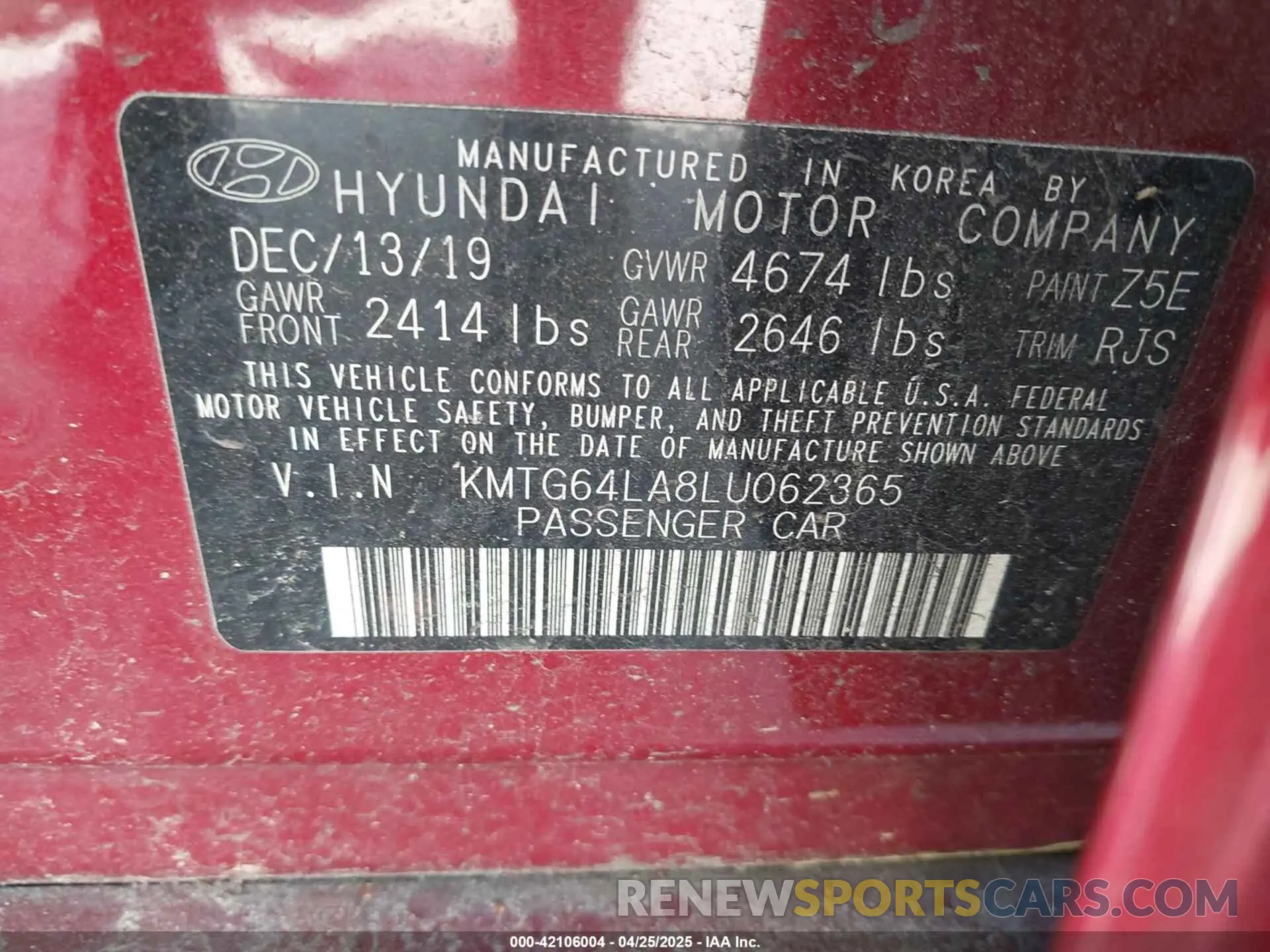 9 Фотография поврежденного автомобиля KMTG64LA8LU062365 GENESIS G70 2020