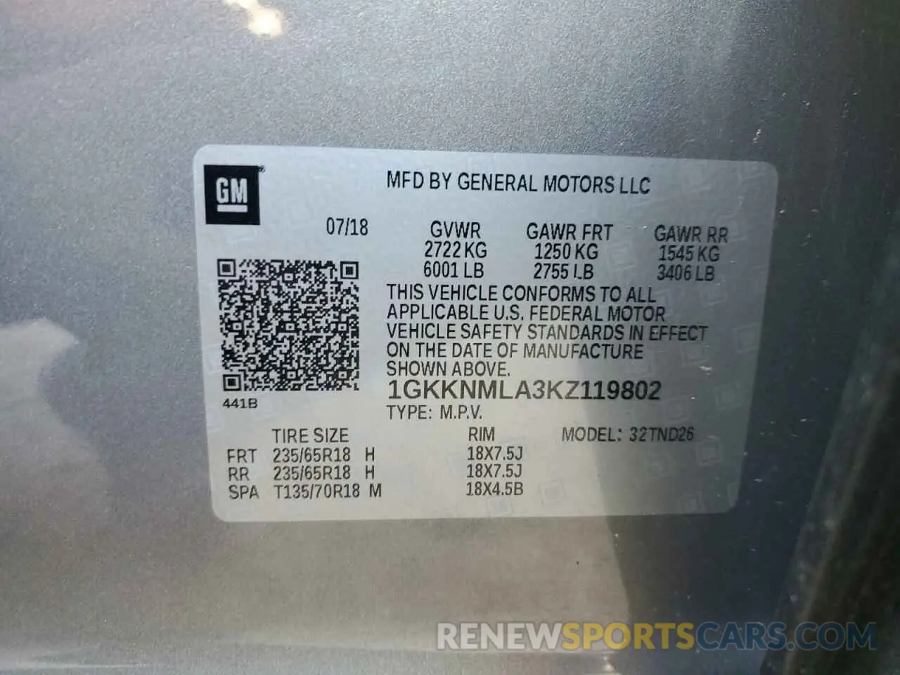 13 Photograph of a damaged car 1GKKNMLA3KZ119802 GMC ACADIA 2019