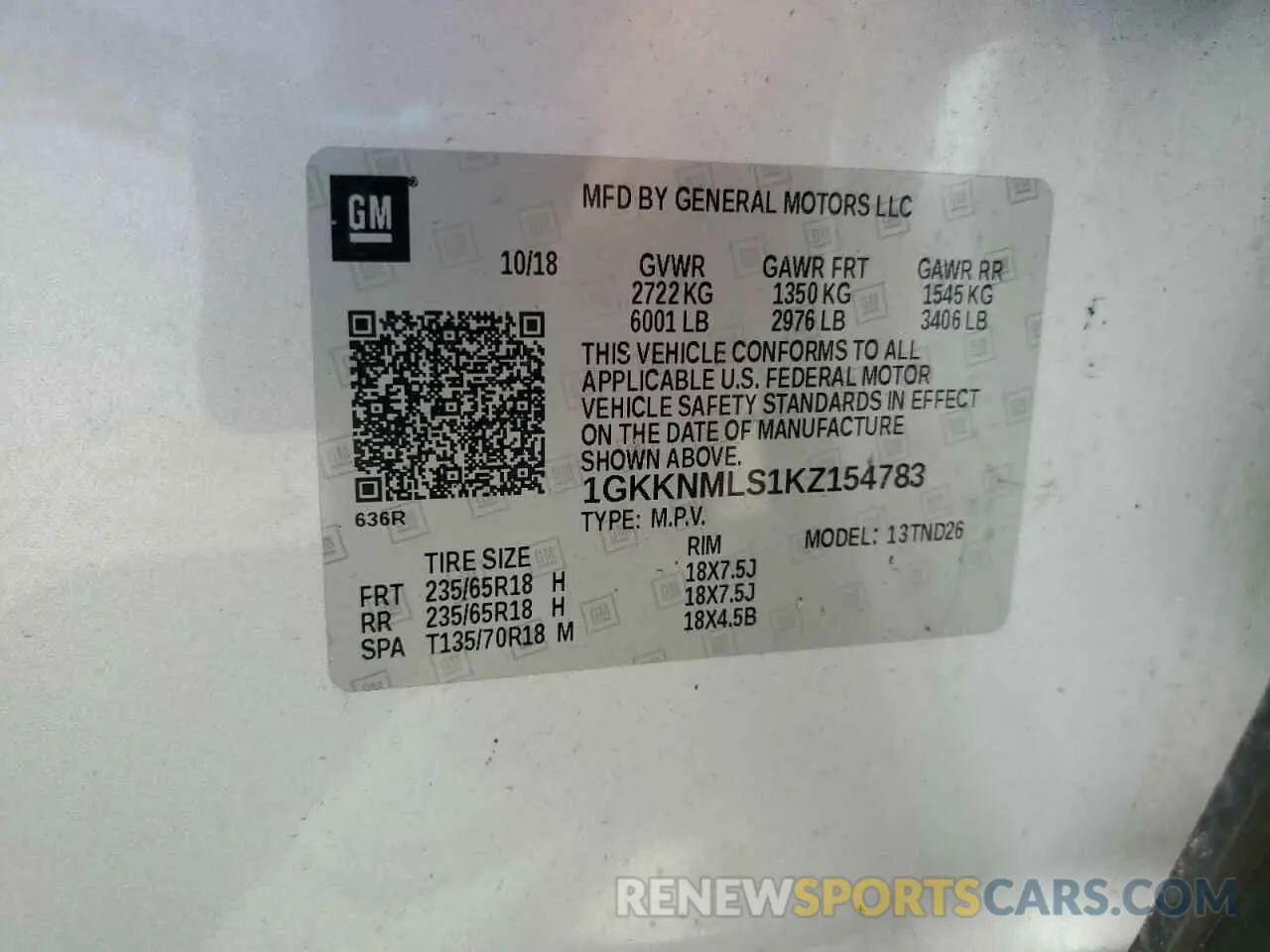 13 Фотография поврежденного автомобиля 1GKKNMLS1KZ154783 GMC ACADIA 2019