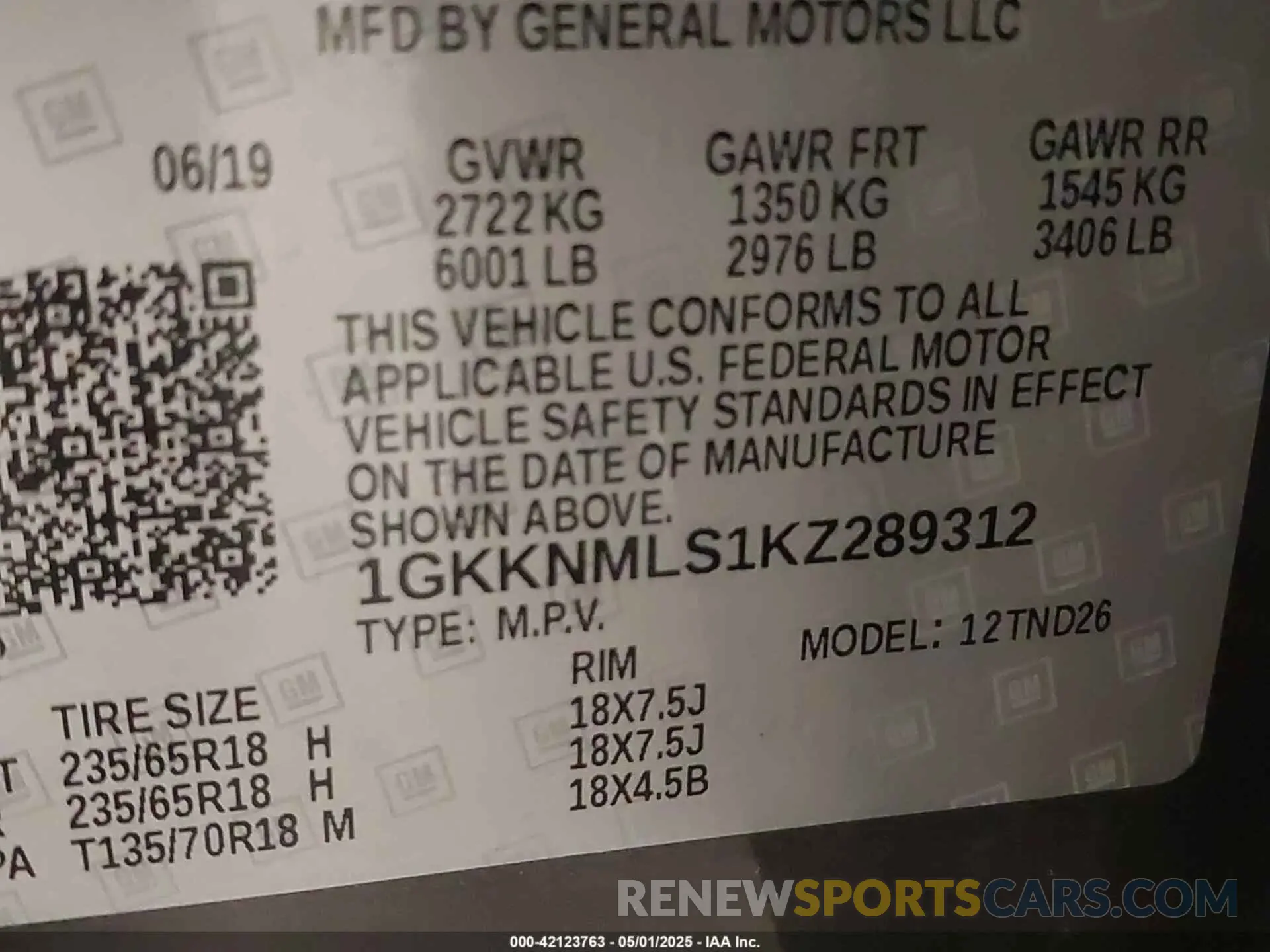 9 Фотография поврежденного автомобиля 1GKKNMLS1KZ289312 GMC ACADIA 2019
