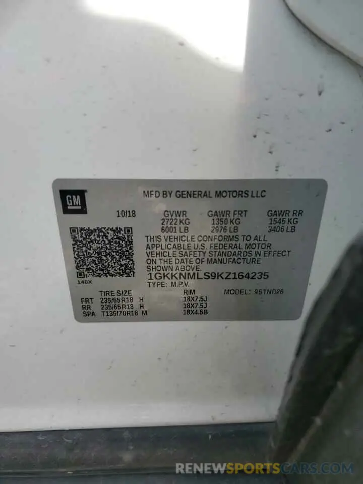 13 Фотография поврежденного автомобиля 1GKKNMLS9KZ164235 GMC ACADIA 2019