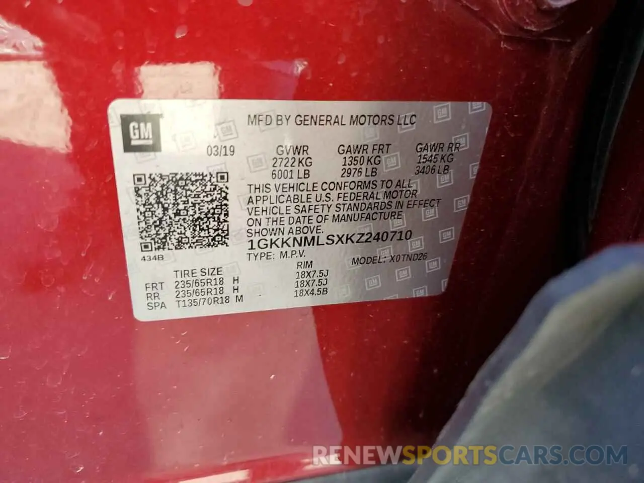 13 Фотография поврежденного автомобиля 1GKKNMLSXKZ240710 GMC ACADIA 2019