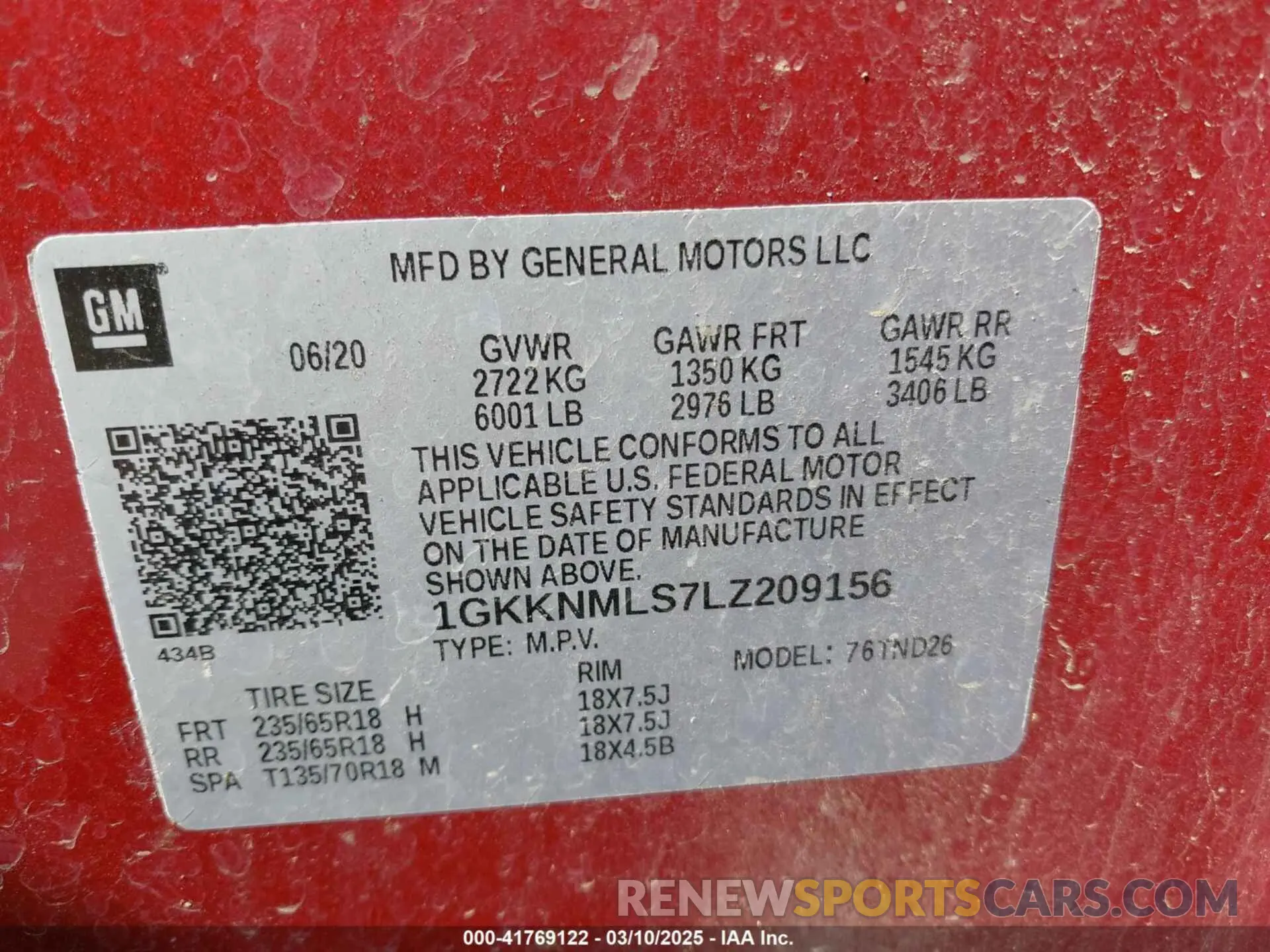 9 Фотография поврежденного автомобиля 1GKKNMLS7LZ209156 GMC ACADIA 2020