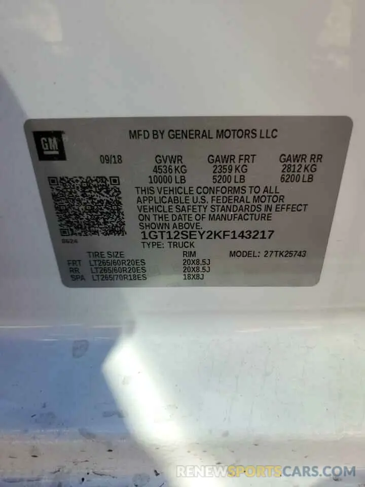 12 Photograph of a damaged car 1GT12SEY2KF143217 GMC SIERRA 2019