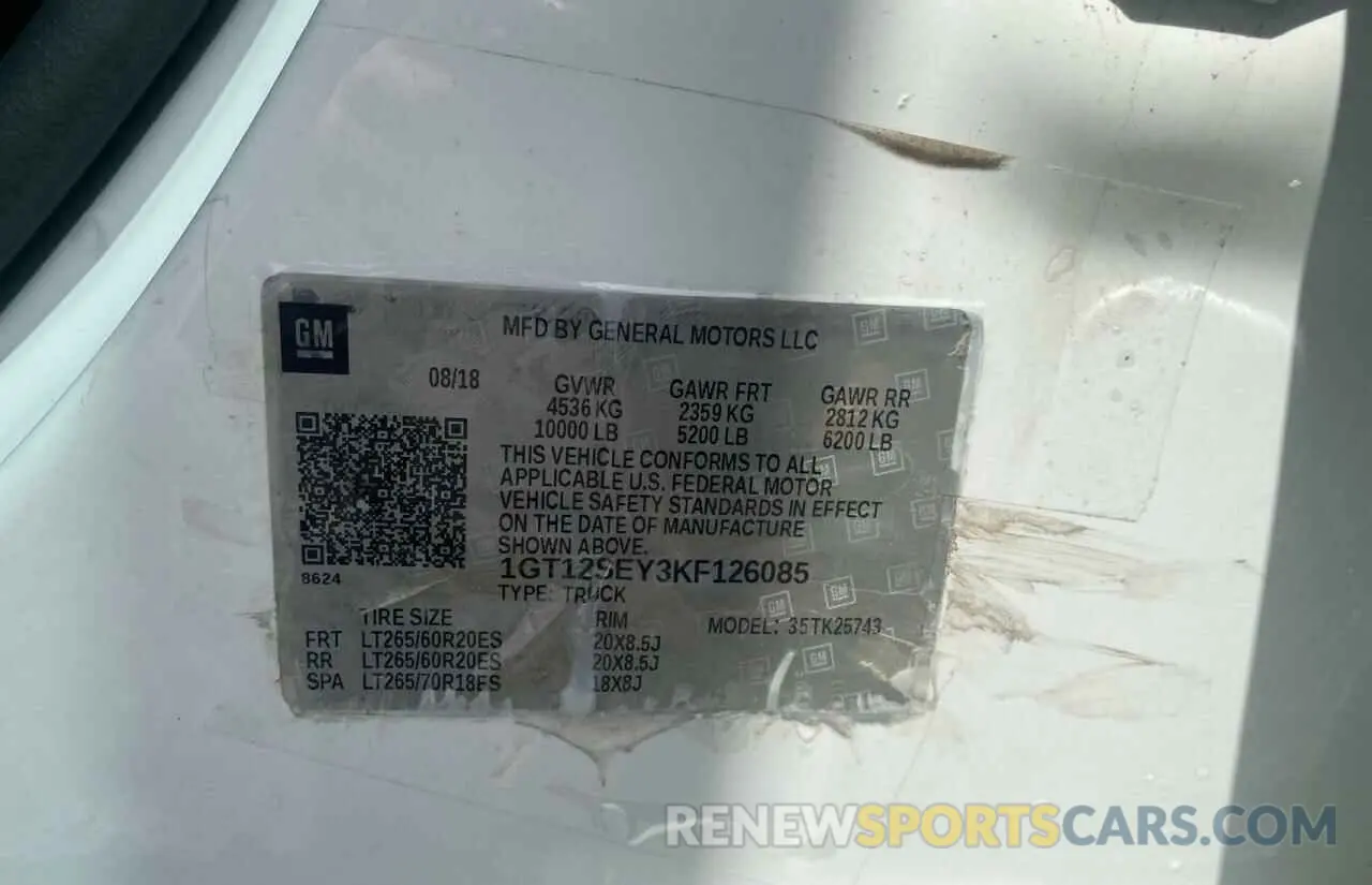 10 Photograph of a damaged car 1GT12SEY3KF126085 GMC SIERRA 2019