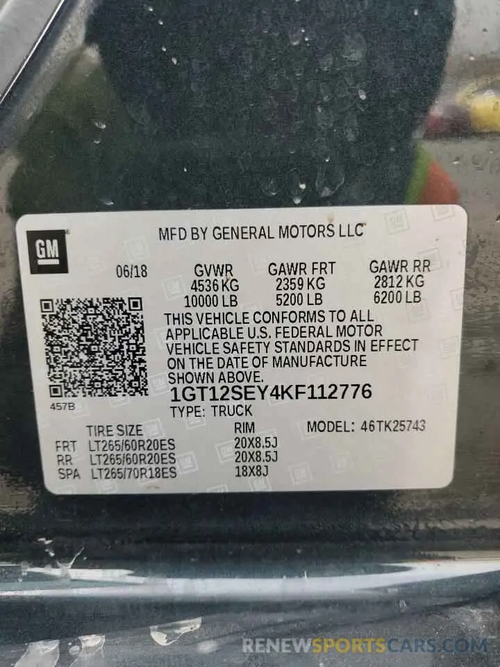 12 Photograph of a damaged car 1GT12SEY4KF112776 GMC SIERRA 2019