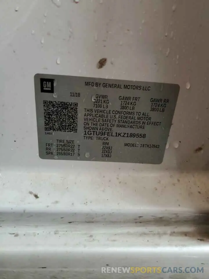 12 Photograph of a damaged car 1GTU9FEL1KZ189558 GMC SIERRA 2019